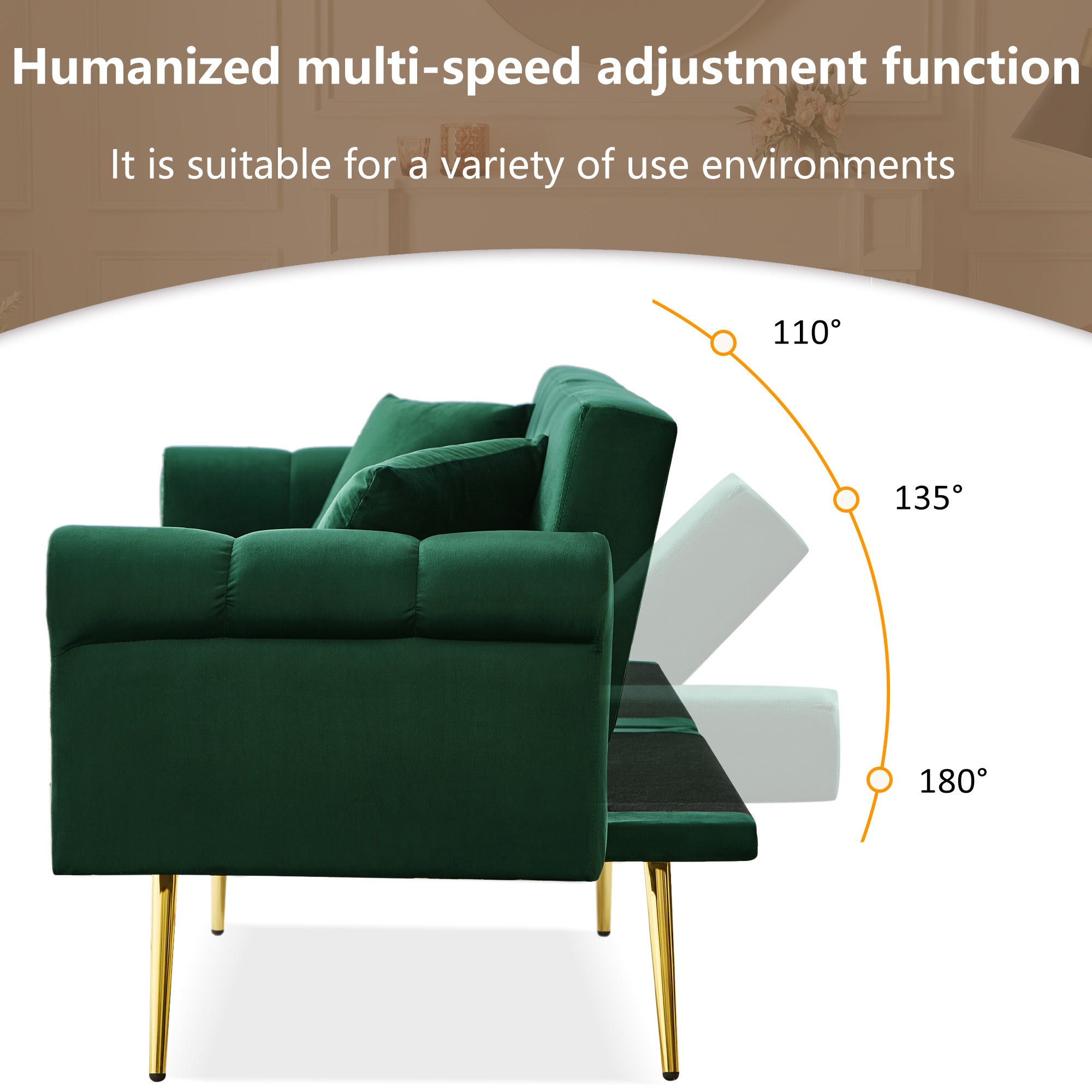 Modern 2-Seater Sofa Bed with 3-Stage Adjustable Backrest, Velvet Upholstery Green