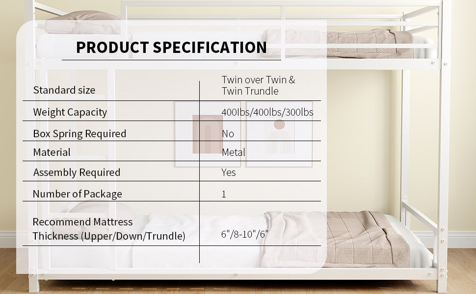 Metal Bunk Bed Twin Over Twin Sturdy Safety Railing - Metal