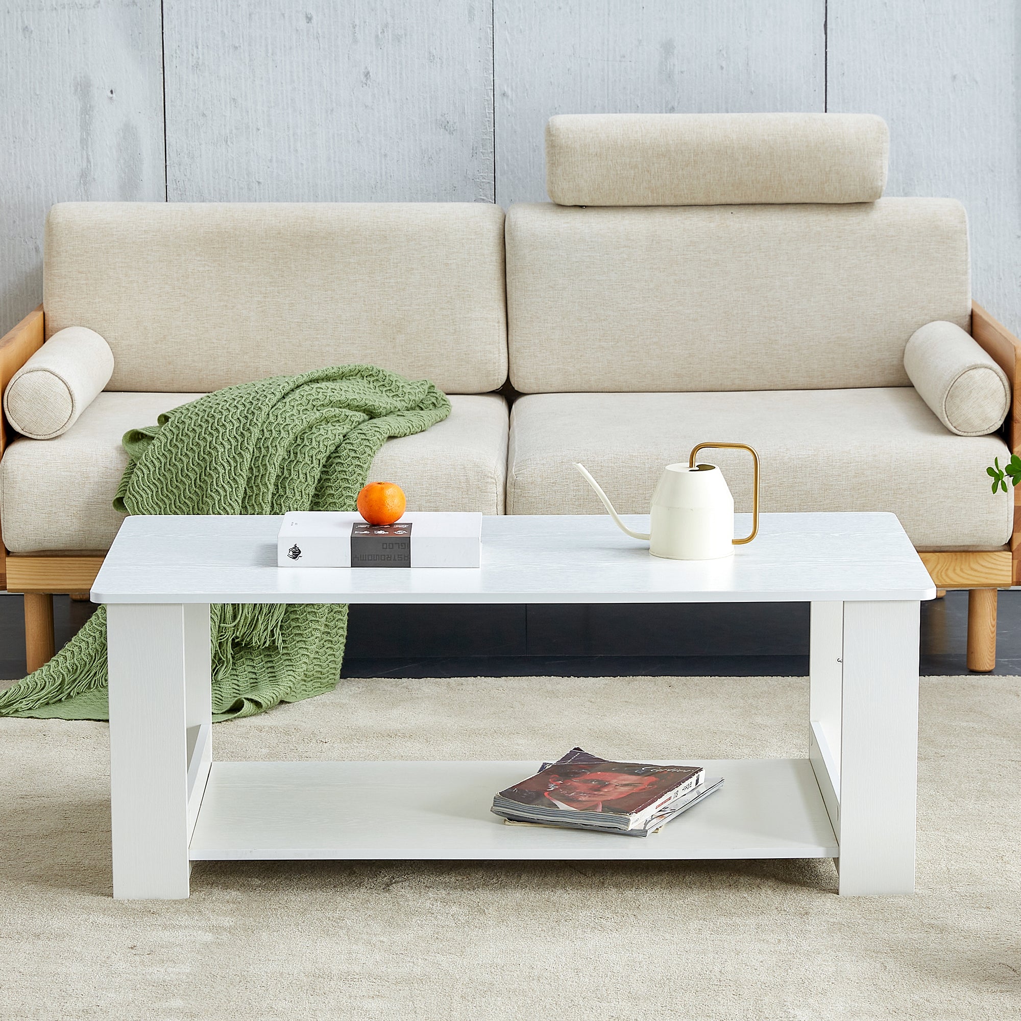 Side Table Modern Simple 110x55x42cm 2-Tier Storage White Wood Grain