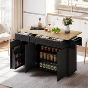 Kitchen Island Cabinet with Fold-Down Worktop, 6 Rolling Casters & Storage Drawers, Black