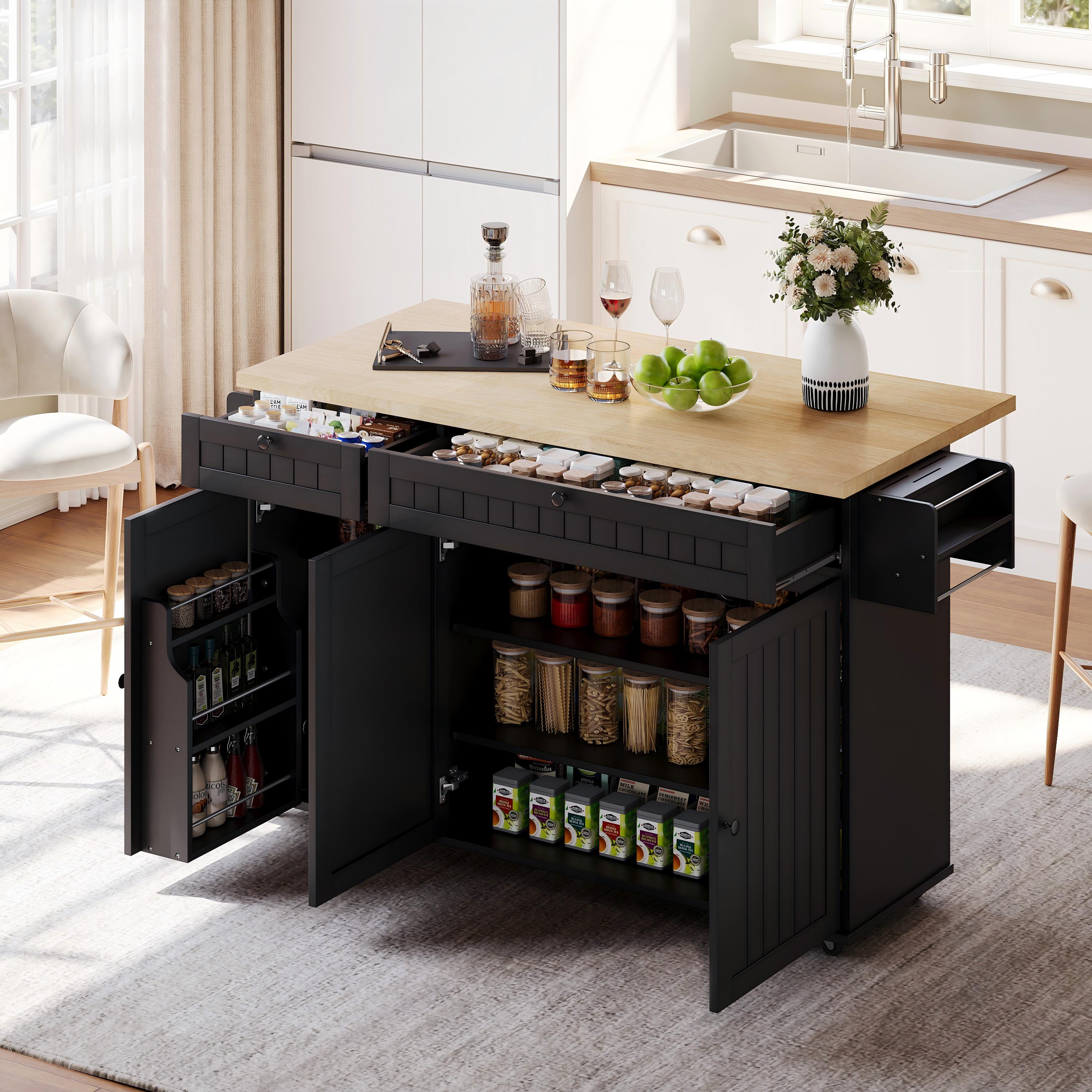 Kitchen Island Cabinet with Fold-Down Worktop, 6 Rolling Casters & Storage Drawers, Black