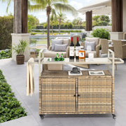 Outdoor Bar Table, Wicker Bar Cart with Cabinet, Steel Top, Ice Bucket, Lockable Wheels, Beige