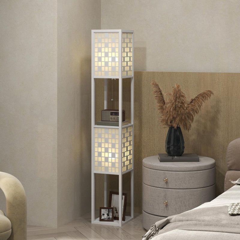 Floor Lamp, 2 Compartments E27 Socket Lattice Pattern Column with Foot Switch and Pull Chain, White