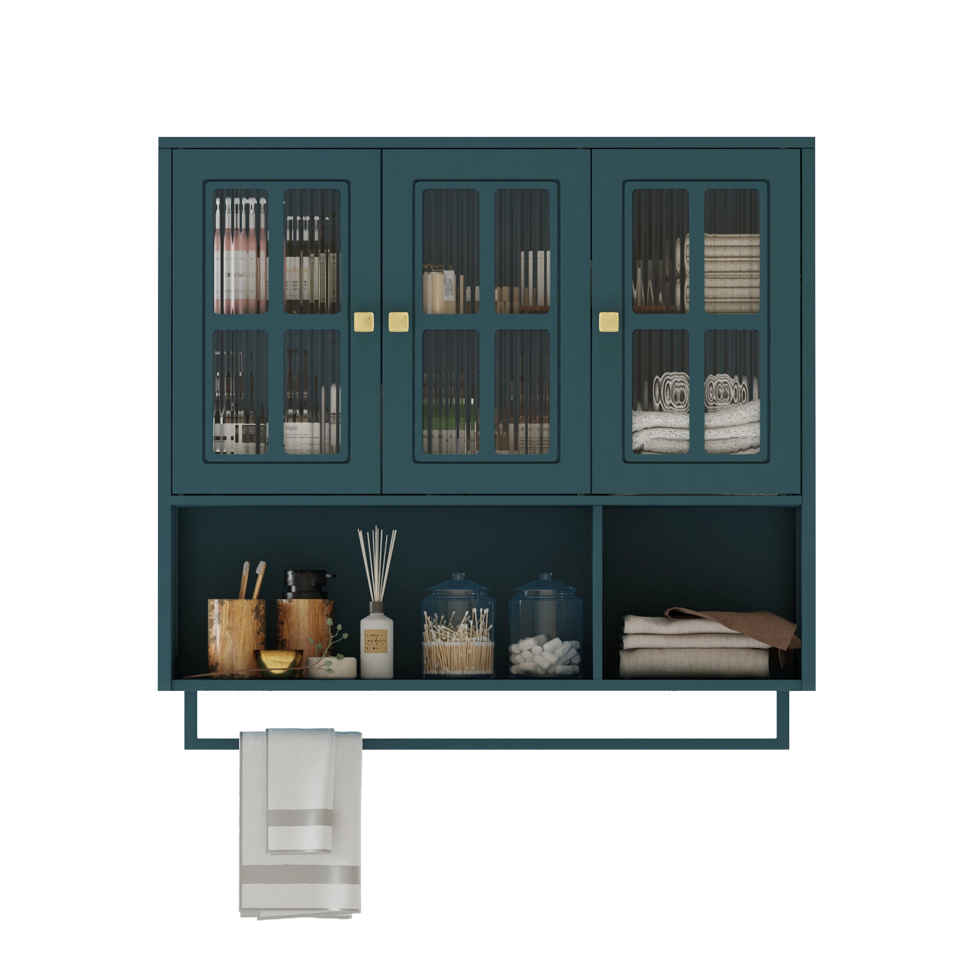Bathroom Wall Cabinet 3-Door Wooden Glass Door Towel Bar - Dark Green