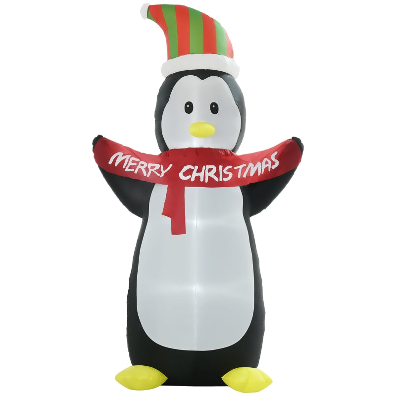 Inflatable Penguin & Christmas Banner, 8ft, LED Lights, Weather-Resistant Shell