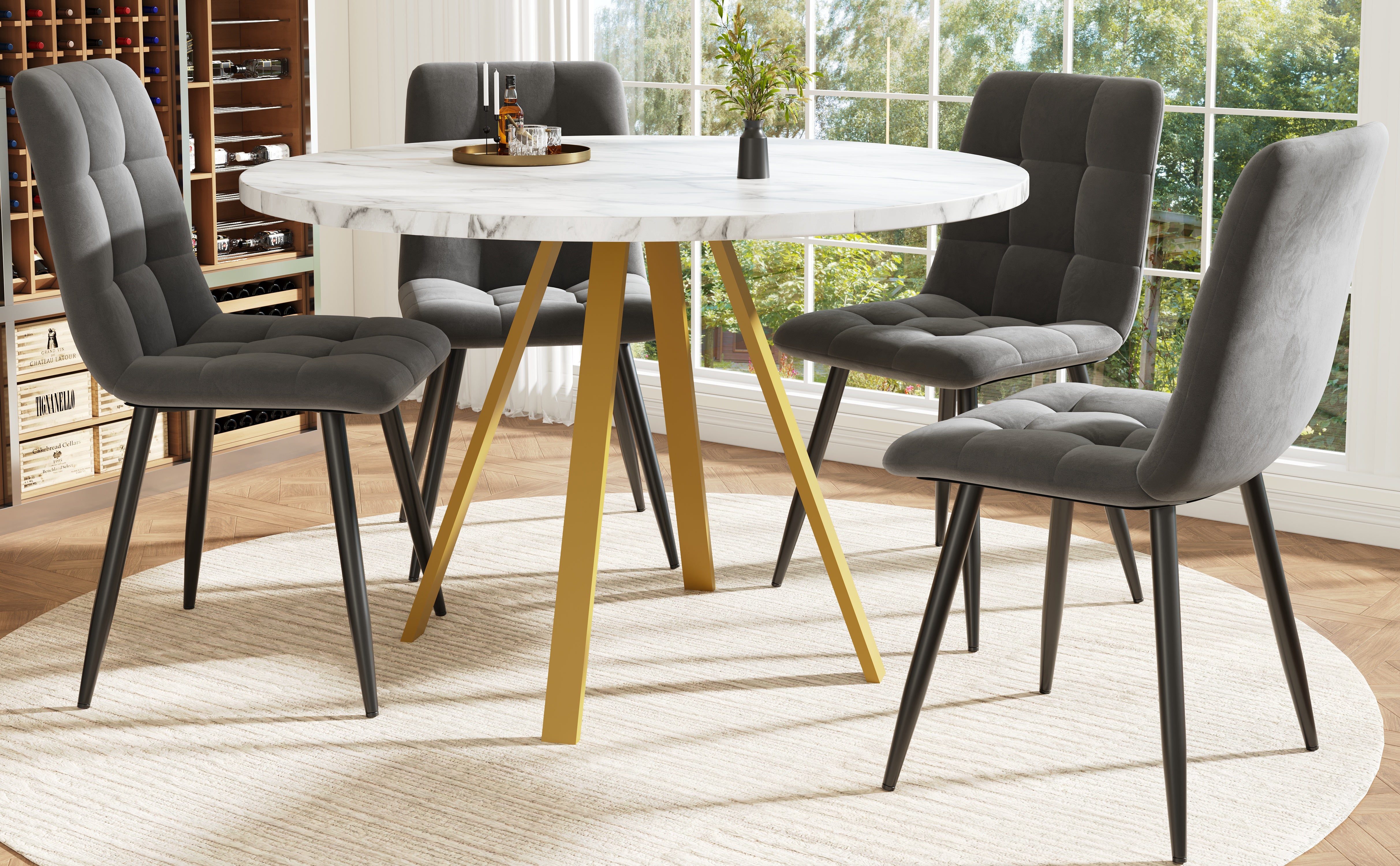 Dining Table Set 5-Piece Round 80x80x75 cm 4 Velvet Chairs, White Marble/Grey