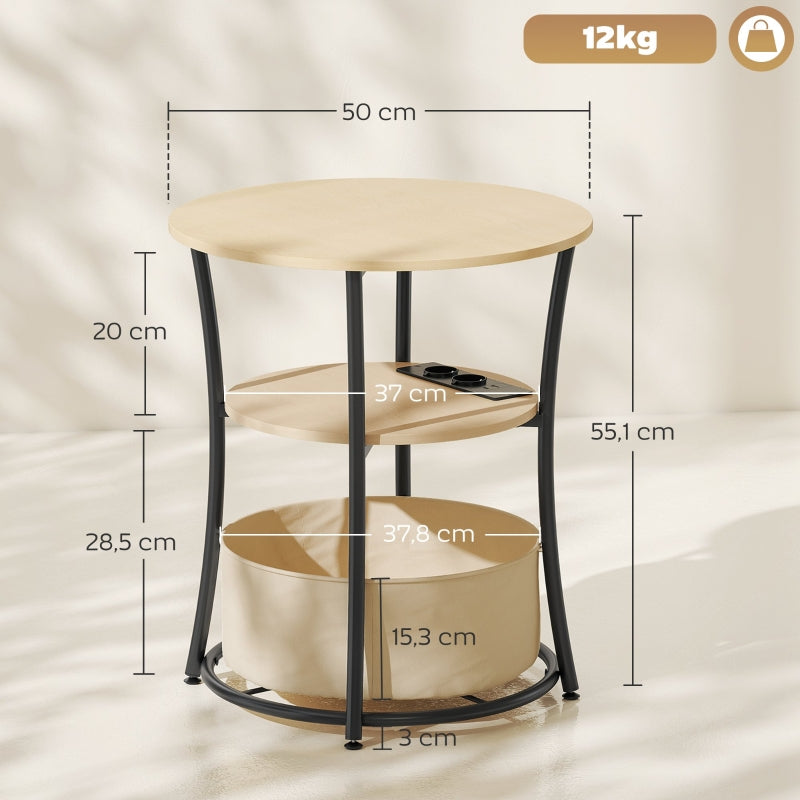 Side Table 3-Tier Charging Station Storage Bag Shelf - Natural Wood