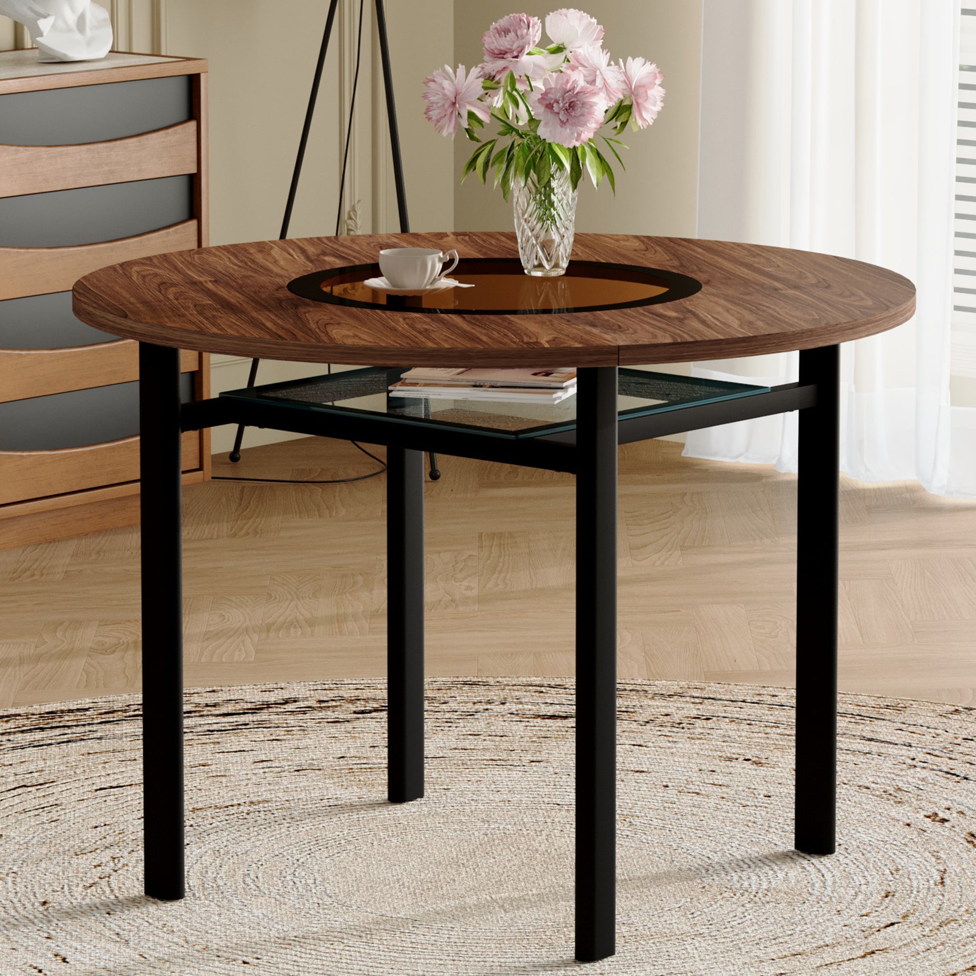 Round Table 100cm Modern Minimalist 2-4 Seater Glass Top Brown Wood Pattern
