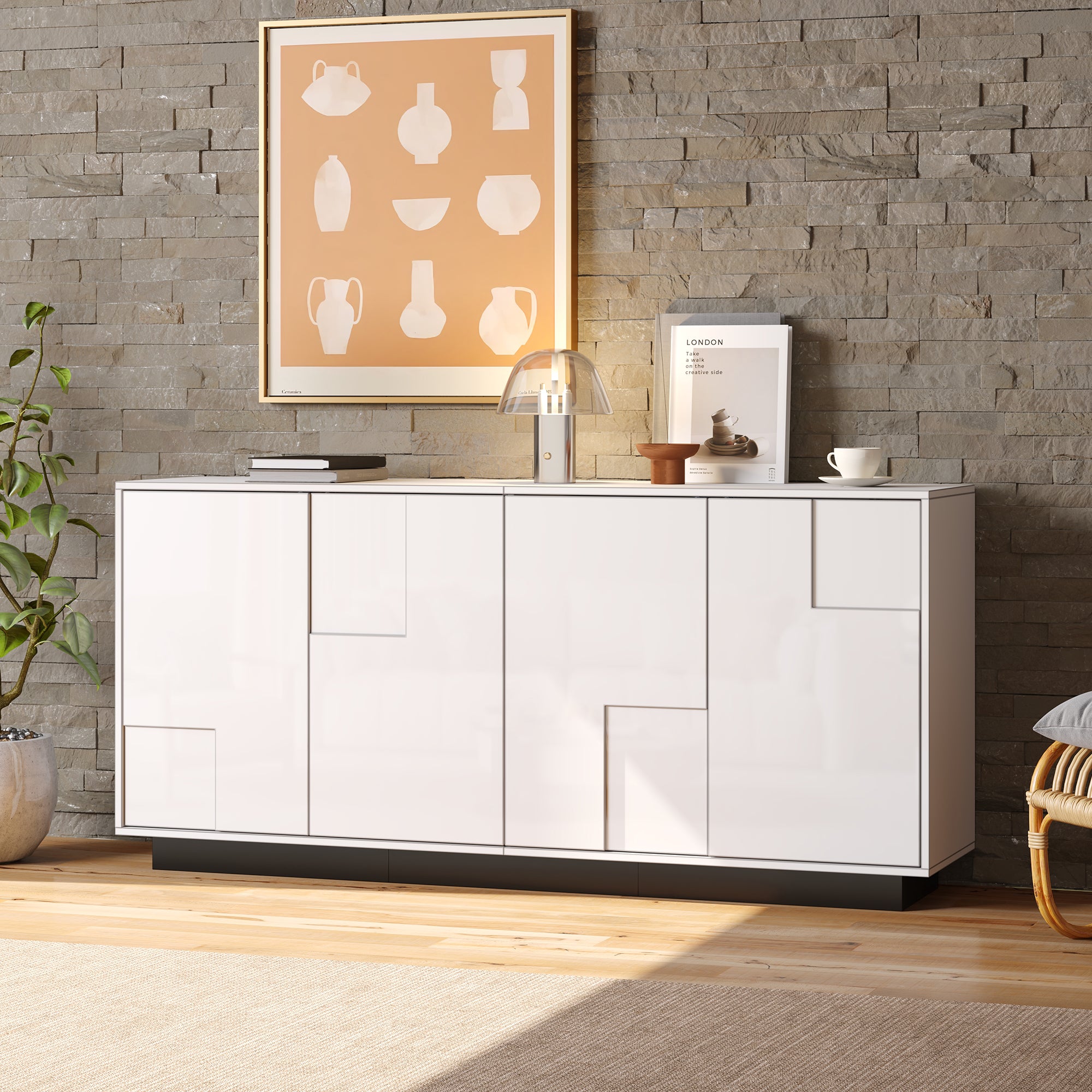 Living Room Sideboard, 4-Door High-Gloss Cabinet with Ample Storage, White and Black