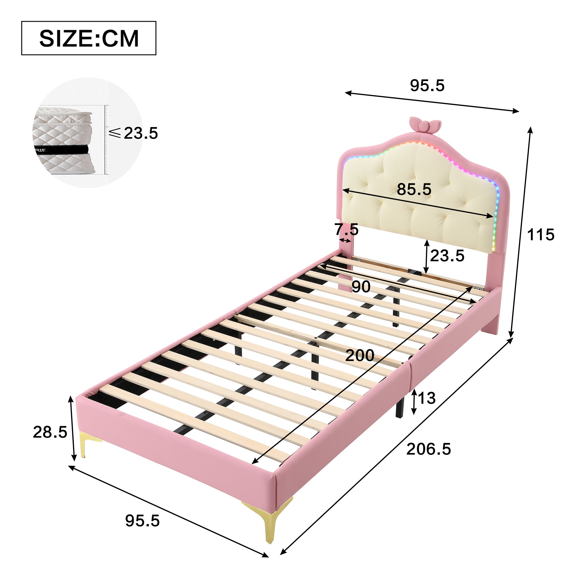 Upholstered Single Bed, Wave Headboard LED Strips 90x200cm, Pink PU