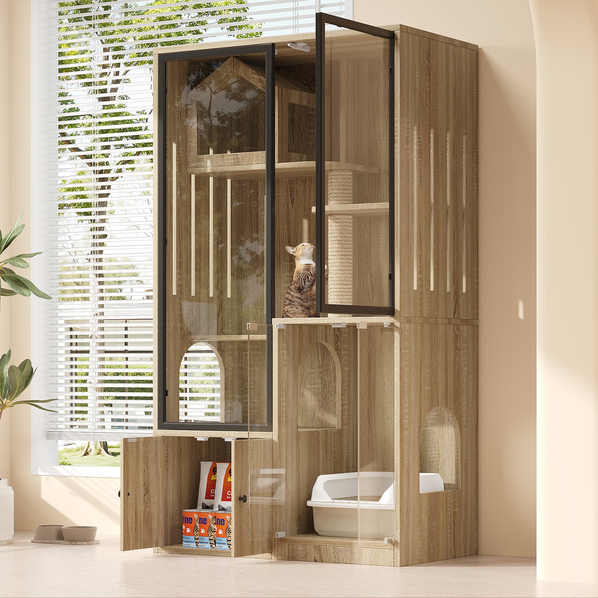 4-Story Glass Cat House Cage Winterproof 90x50x160cm - Natural Wood Color