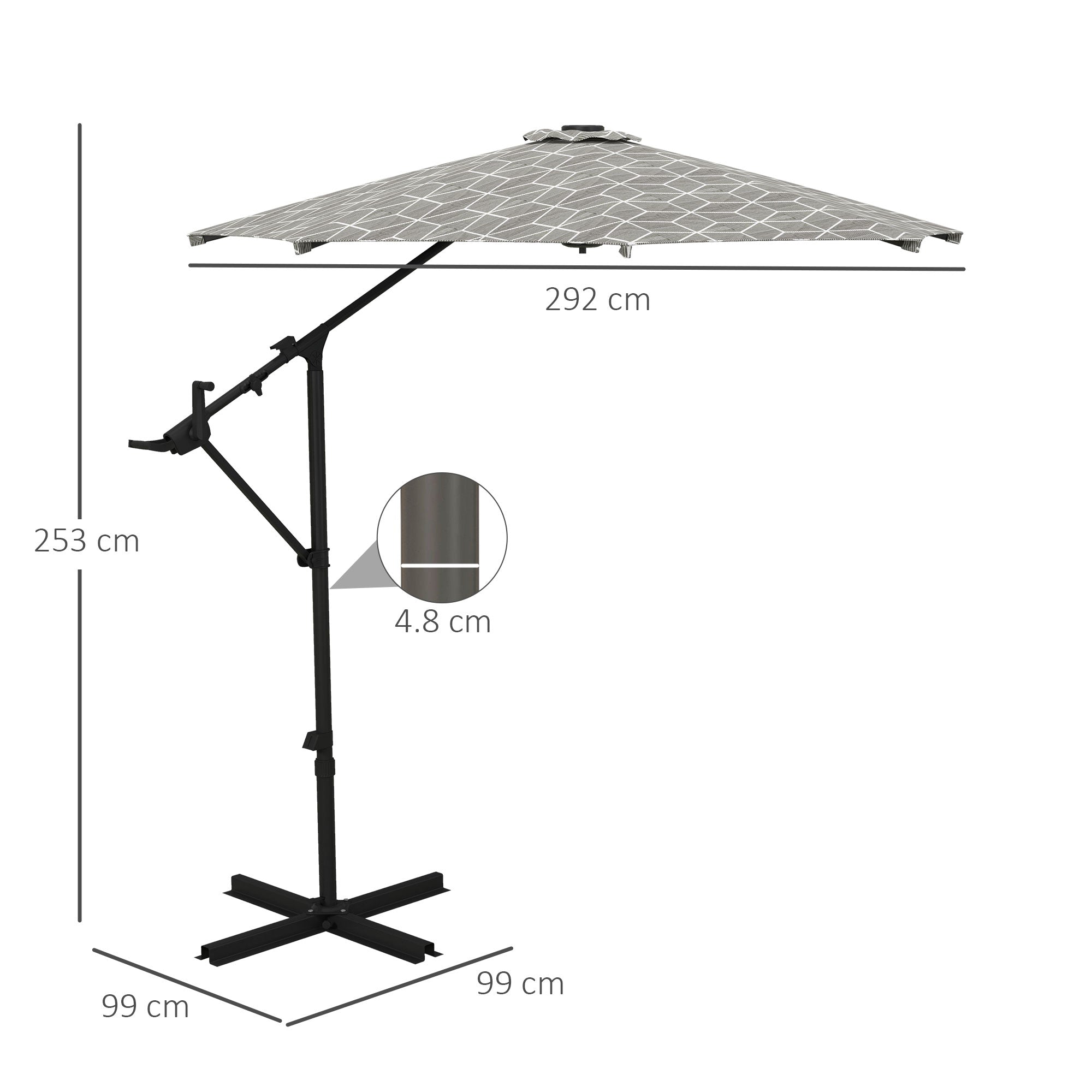 Convertible Cantilever Parasol, 3m, 360° Rotation, Black and White