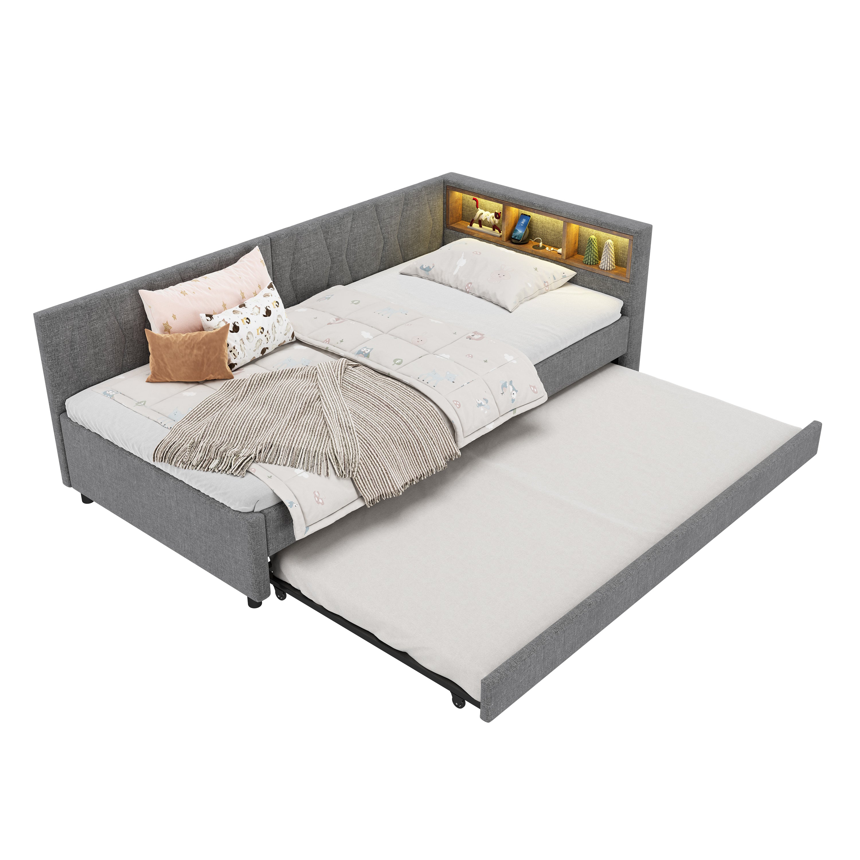 Daybed Sofa Bed 90x200cm Pull-out Bed Storage LED USB/Type-C - Linen Grey