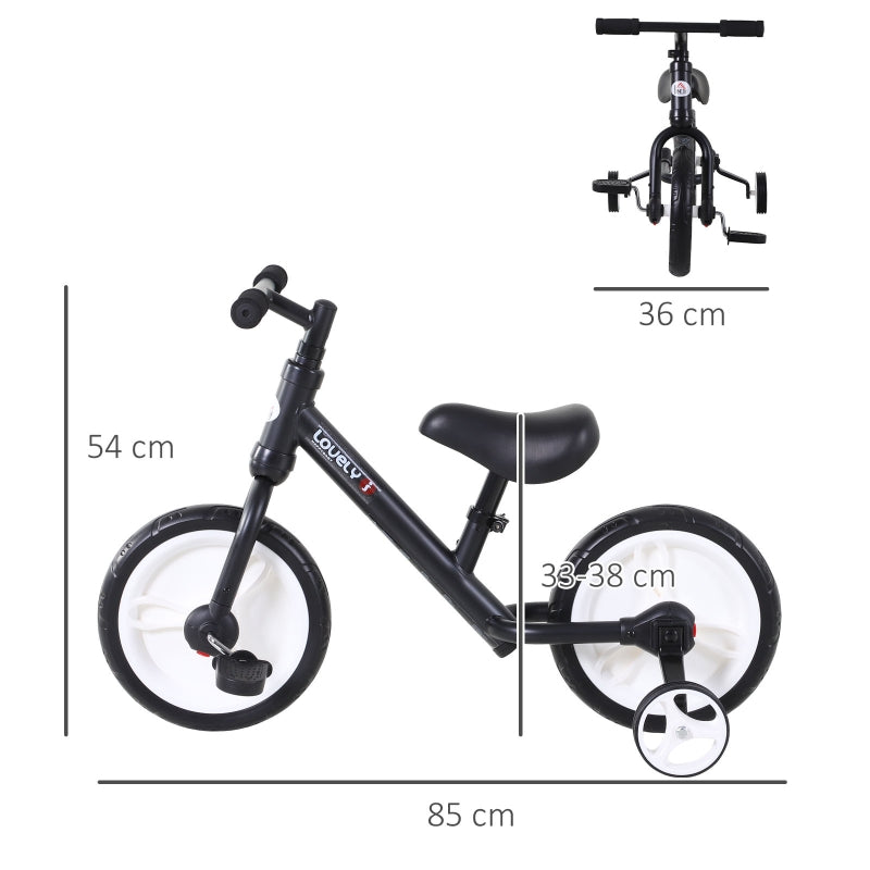 Children's Balance Bike with Training Wheels, Pedals and Adjustable Seat, Black