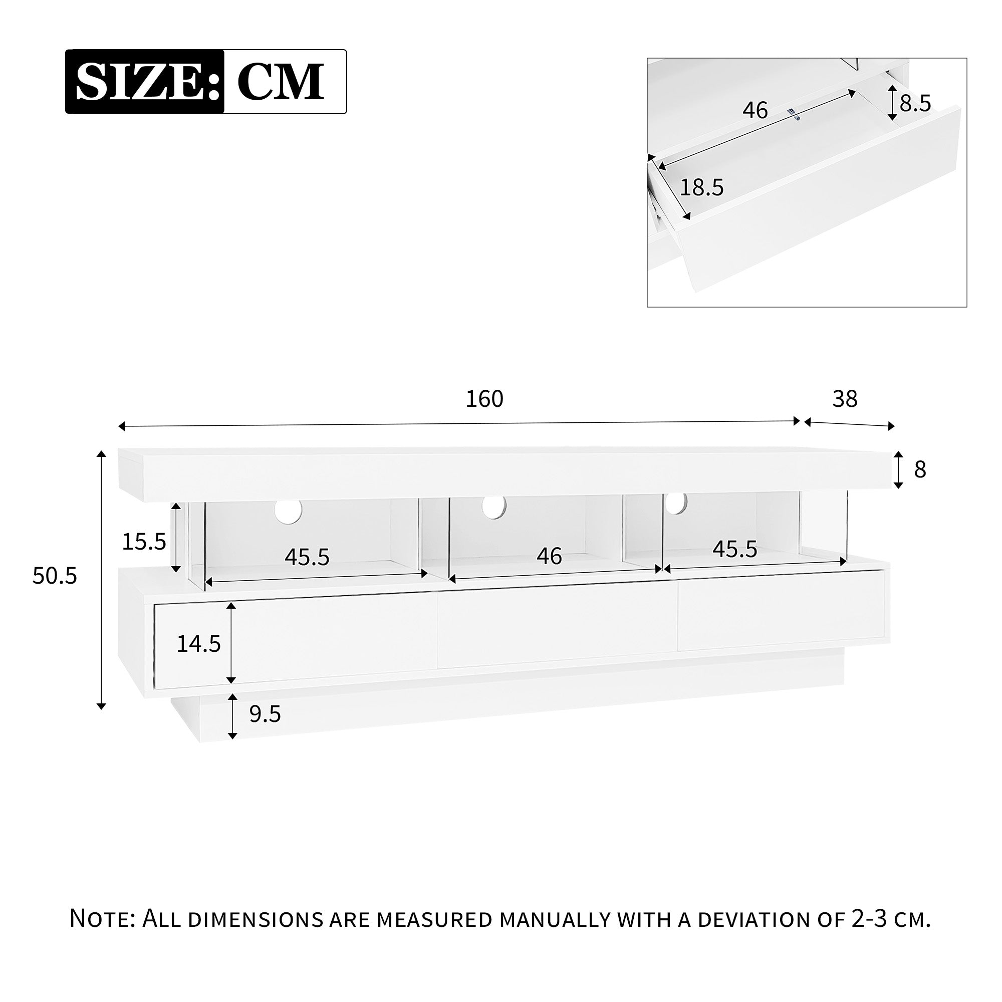 TV Cabinet, 160x38x50.5cm High-Gloss with Glass, LED, App Control, for 70-inch TVs, White