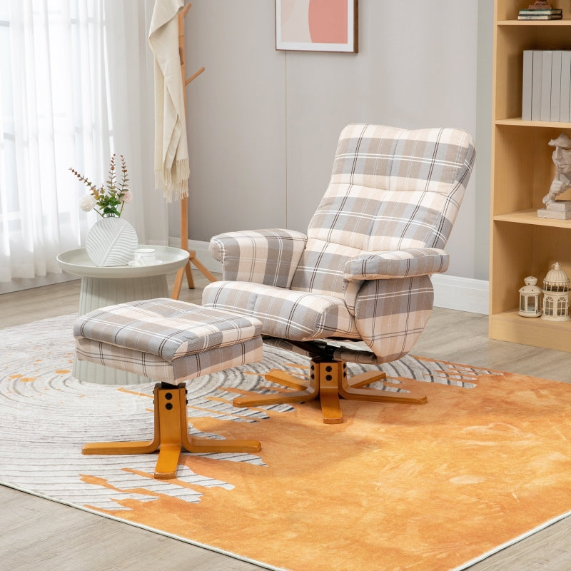 Linen Swivel Recliner Chair with Footstool, Wooden Base, Storage, Multicolour