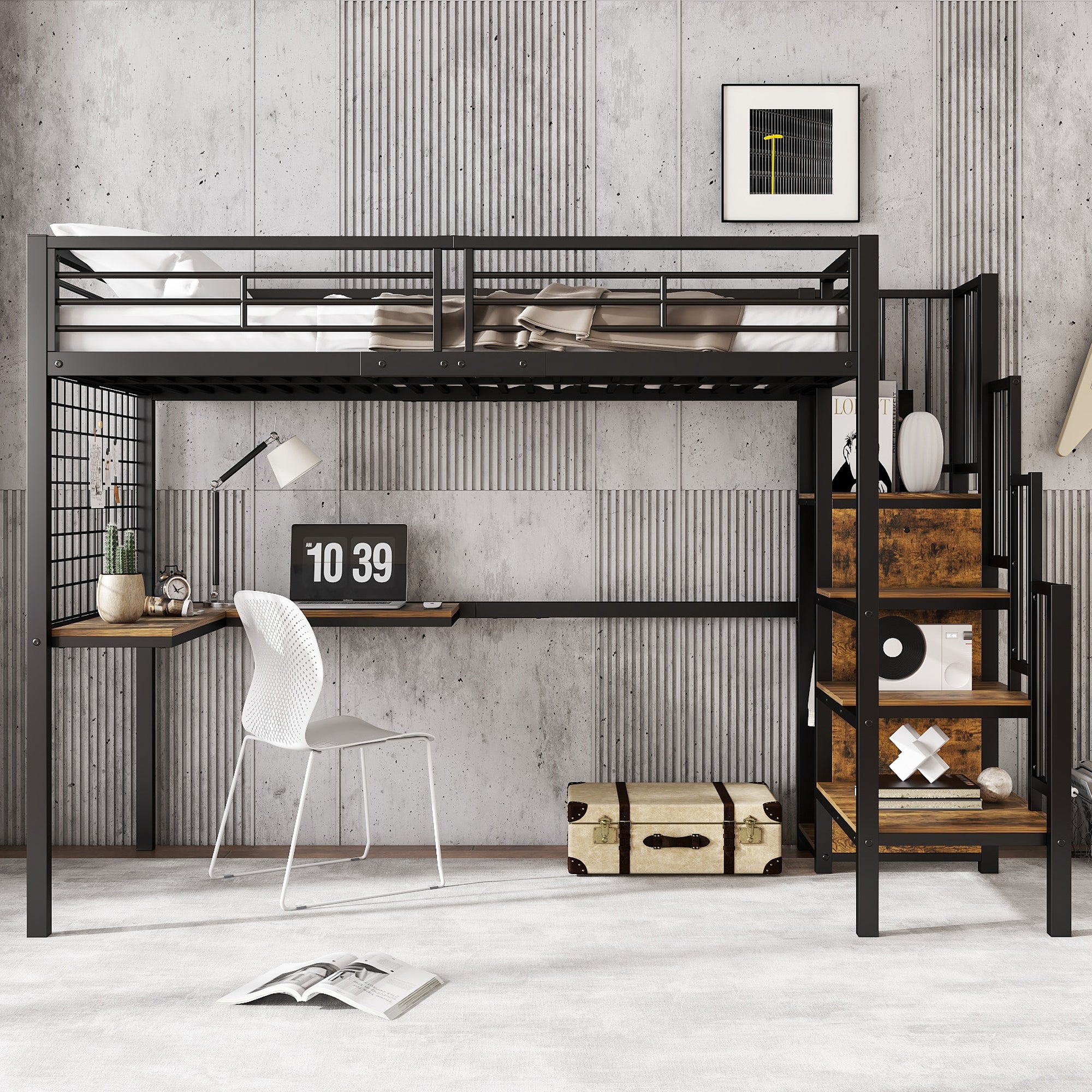 Iron Bunk Bed, Loft Bed with Table & Wardrobe, 90x200cm, Black Iron & Dark Wood