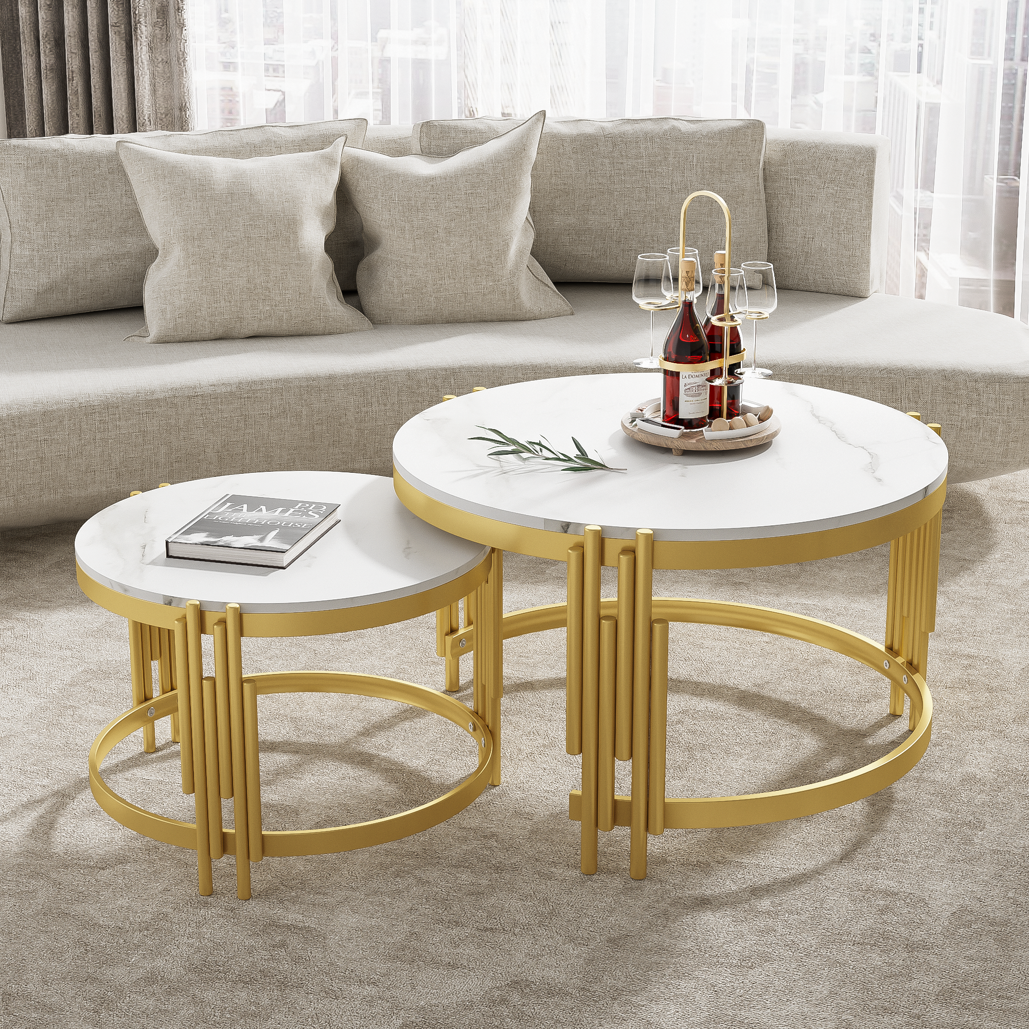 Modular Coffee Table Set, Round Golden Metal Frame, Marble Look
