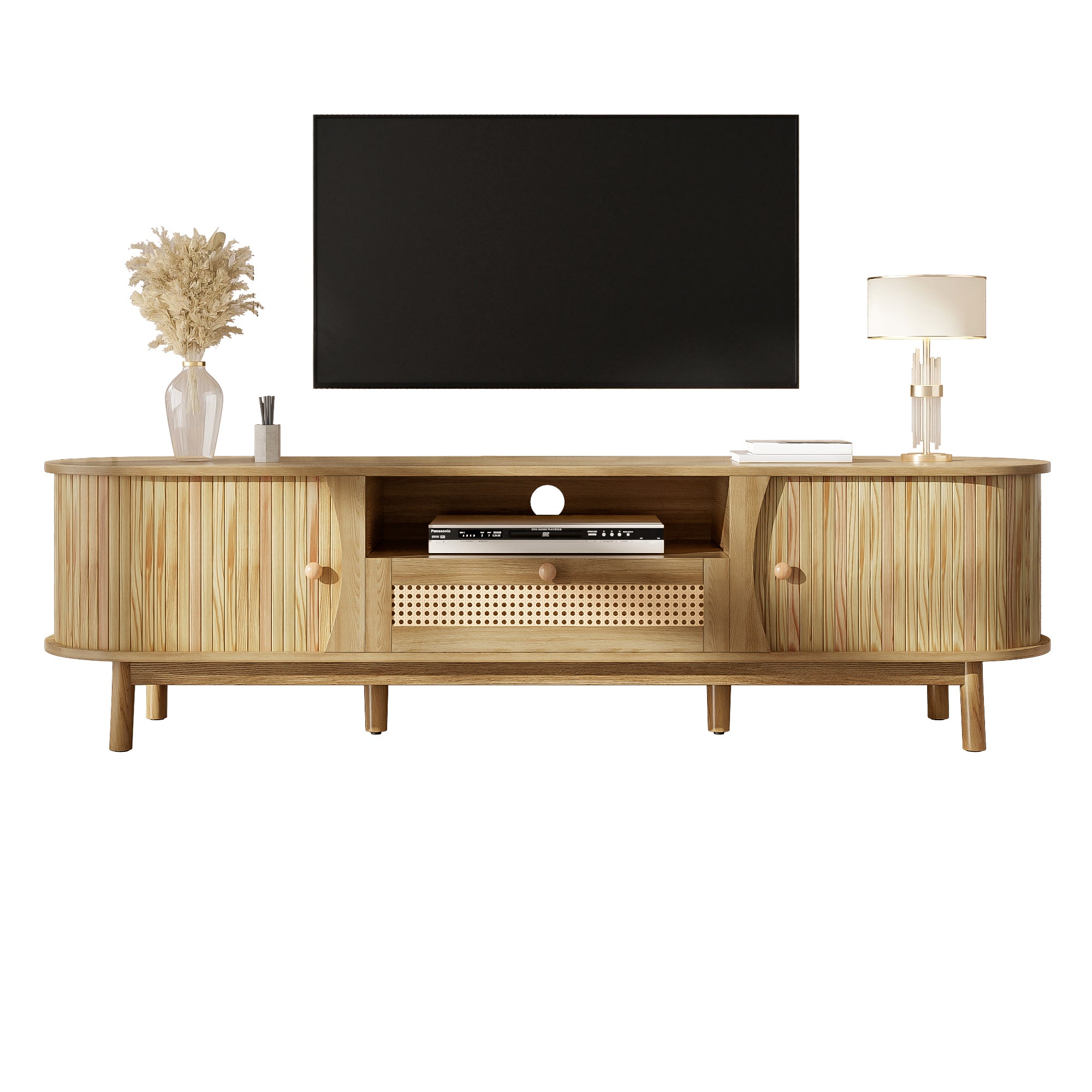 TV Cabinet with Doors and Drawers, Rattan and Solid Wood, Natural