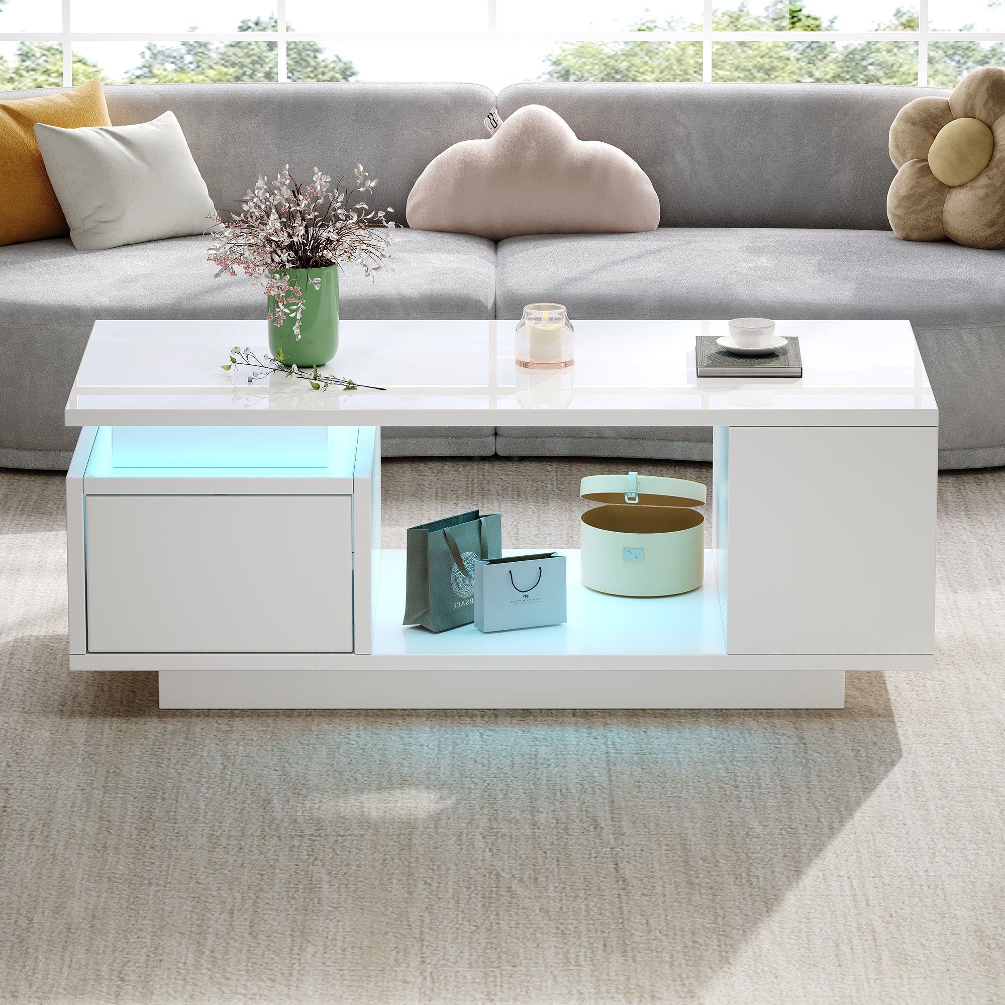 Coffee Table 100x50x36cm High-Gloss LED Side Table with Drawer and Storage White