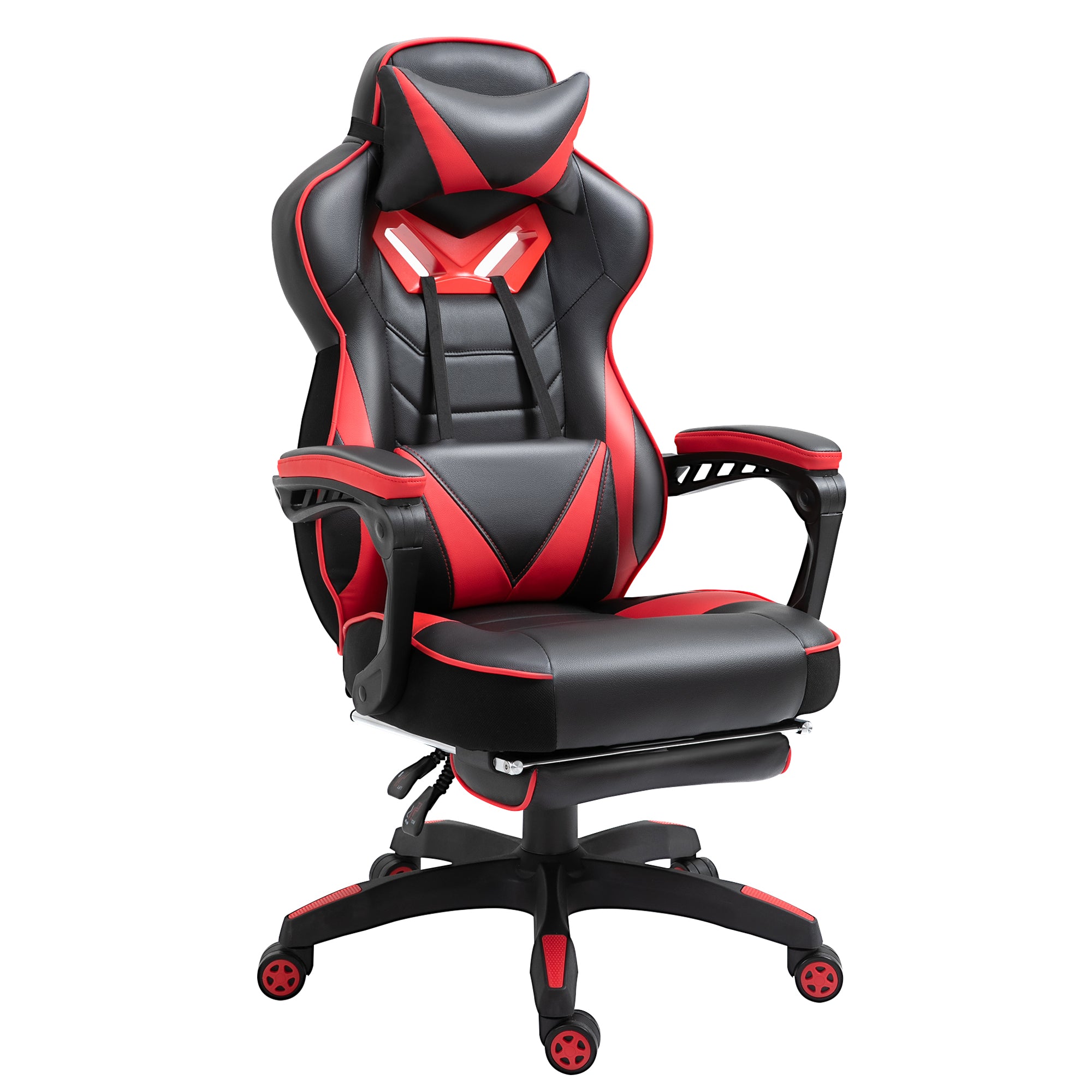 Computer Gaming Chair, Racing Desk Chair with Lumbar Support and Footrest, PU Leather, Red
