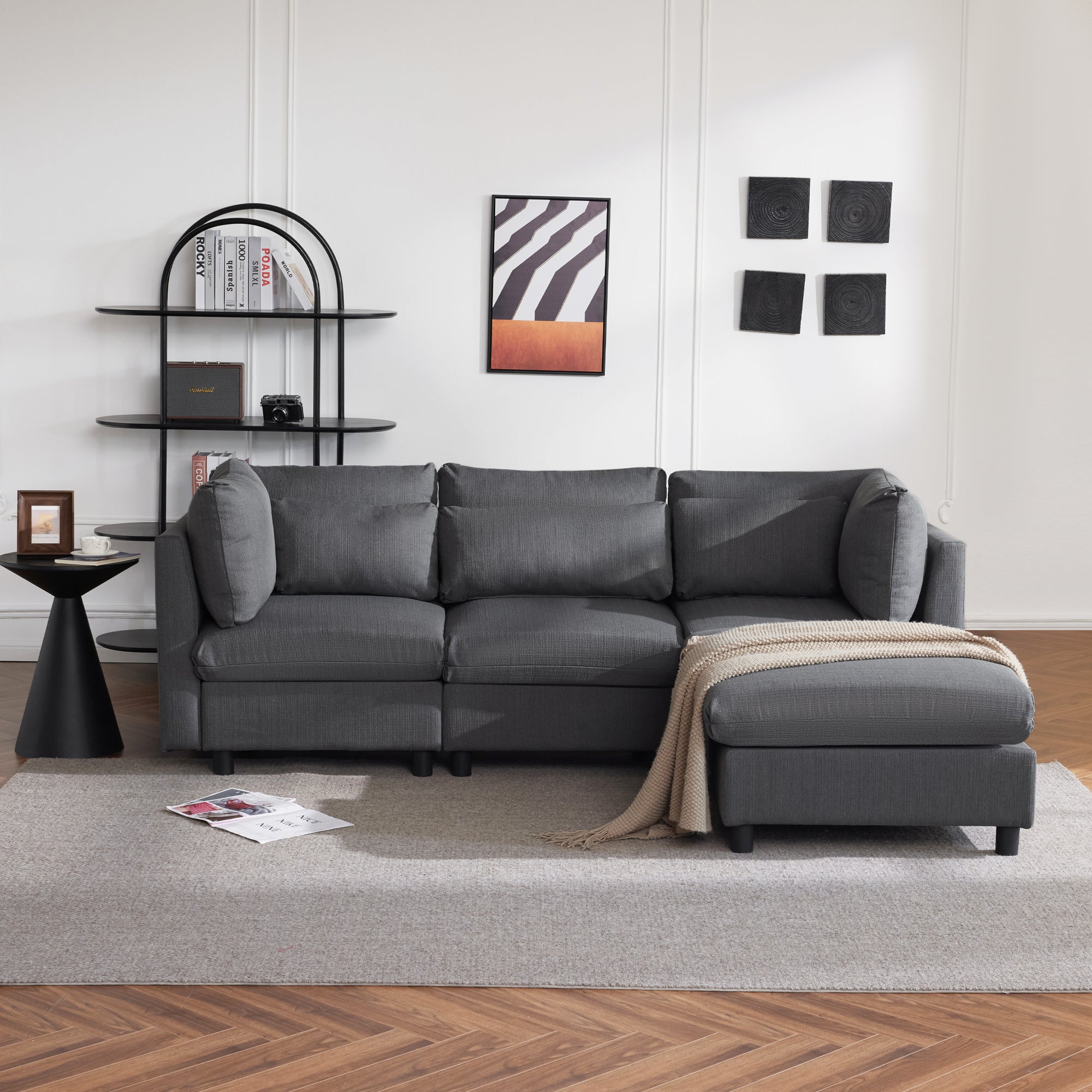 Sofa, Three-Seater L-Shaped Corner with Footstool, Upholstered