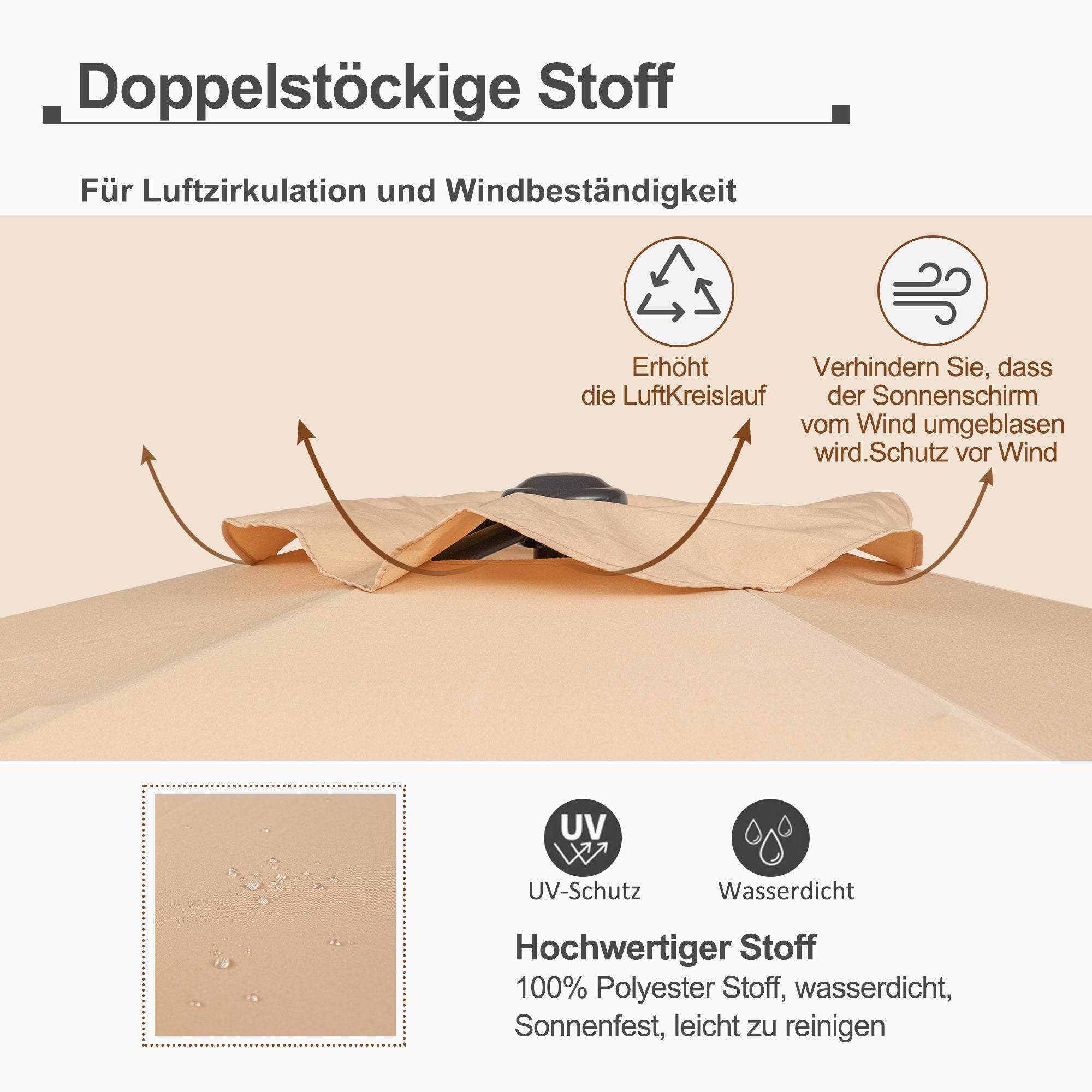 Garden Parasol 300x245cm, Double Crank, 8-Rib, Waterproof, Tilt Adjustment (Khaki)