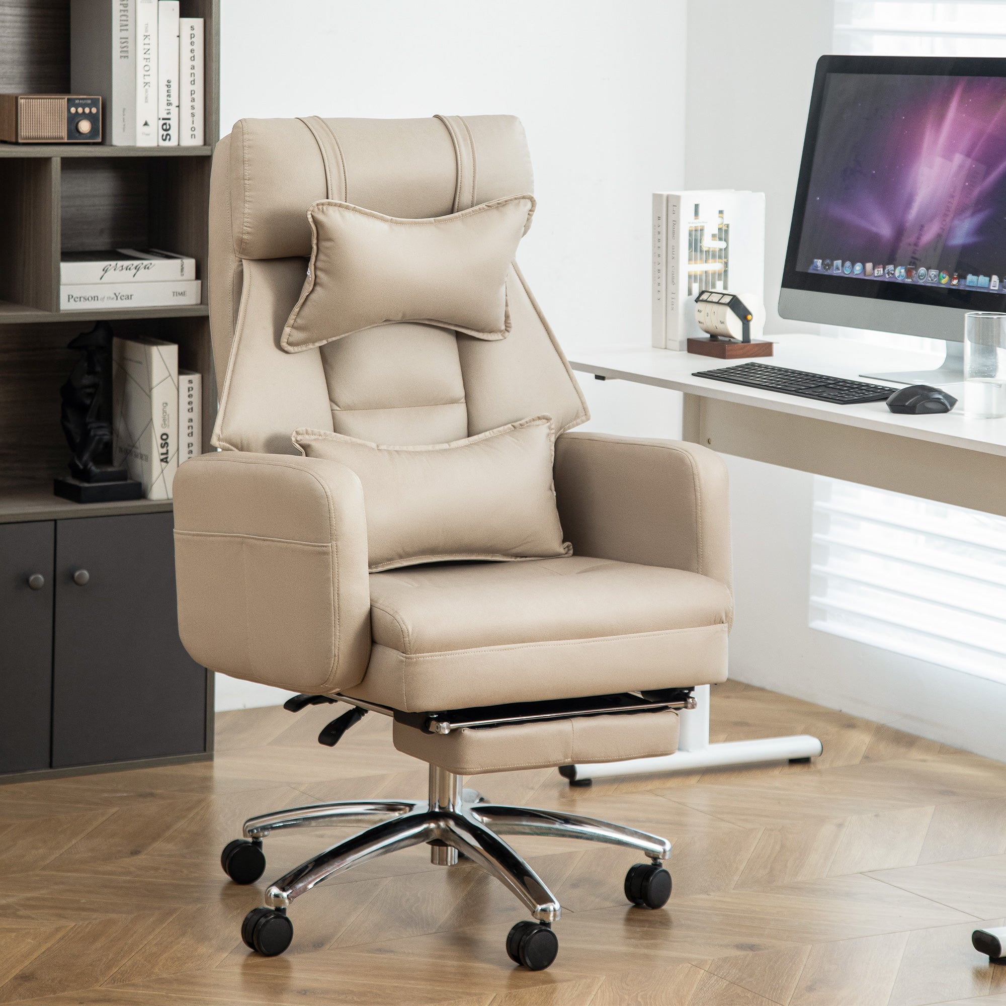 Swivel Office Chair, Ergonomic High Back with Lumbar Support and Headrest, 155° Reclining, Beige Technology Leather