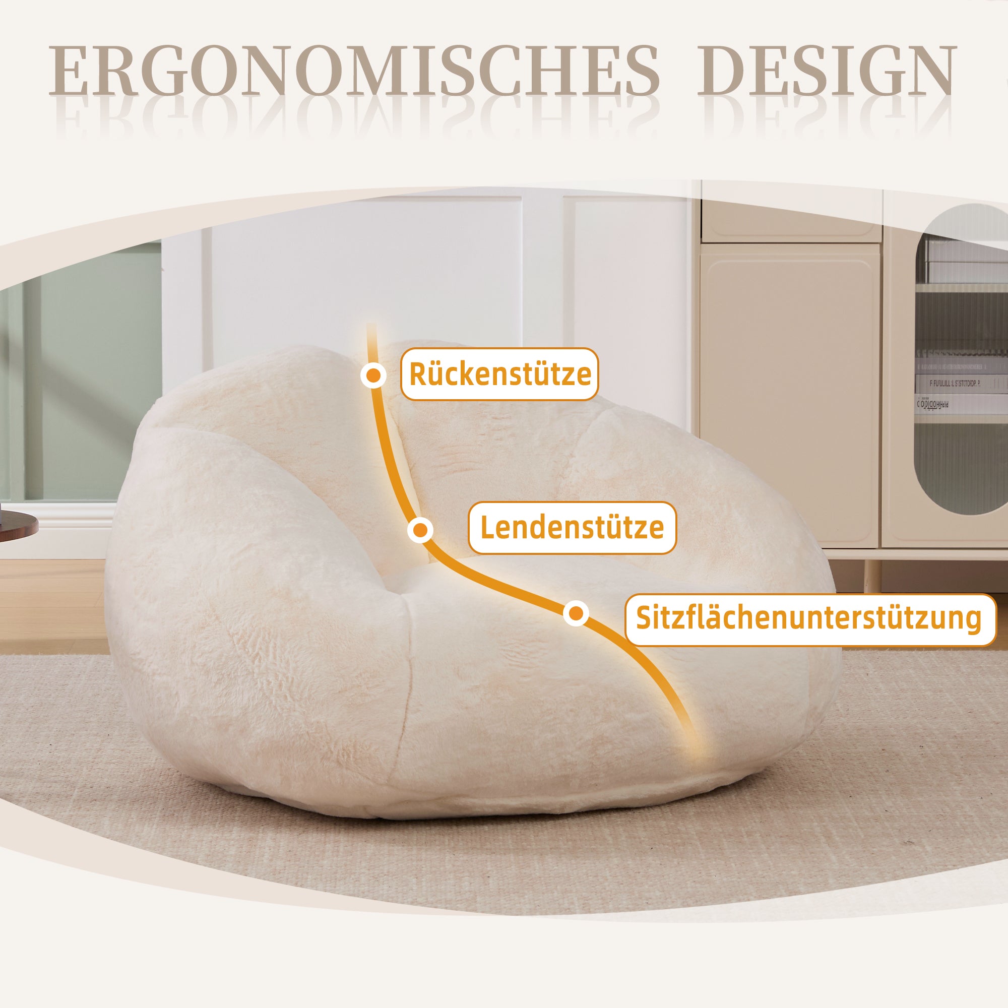 Soft Plush Beanbag Sofa with Non-Slip Base and Memory Foam, White Artificial Rabbit Fur