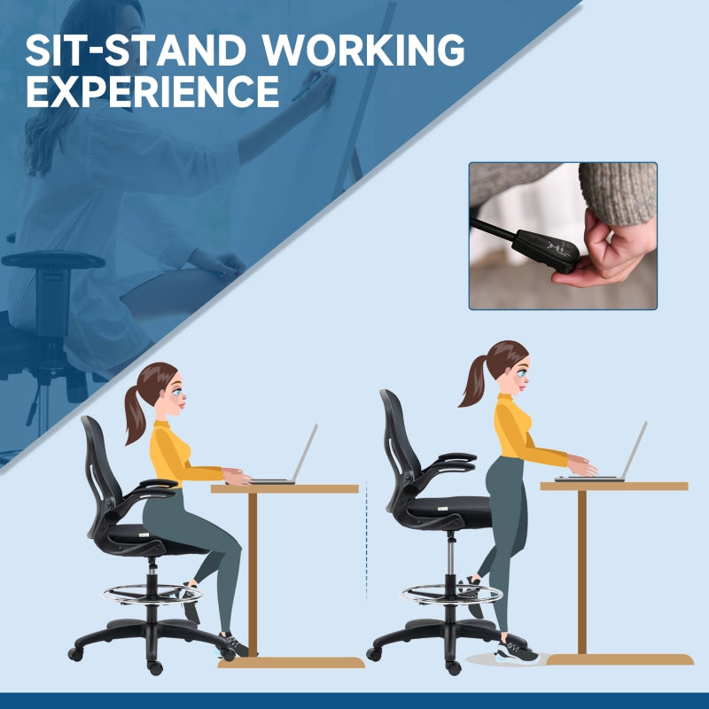 Adjustable Mesh Standing Desk Chair, Flip-up Arms Lumbar Support Footrest Ring, Black