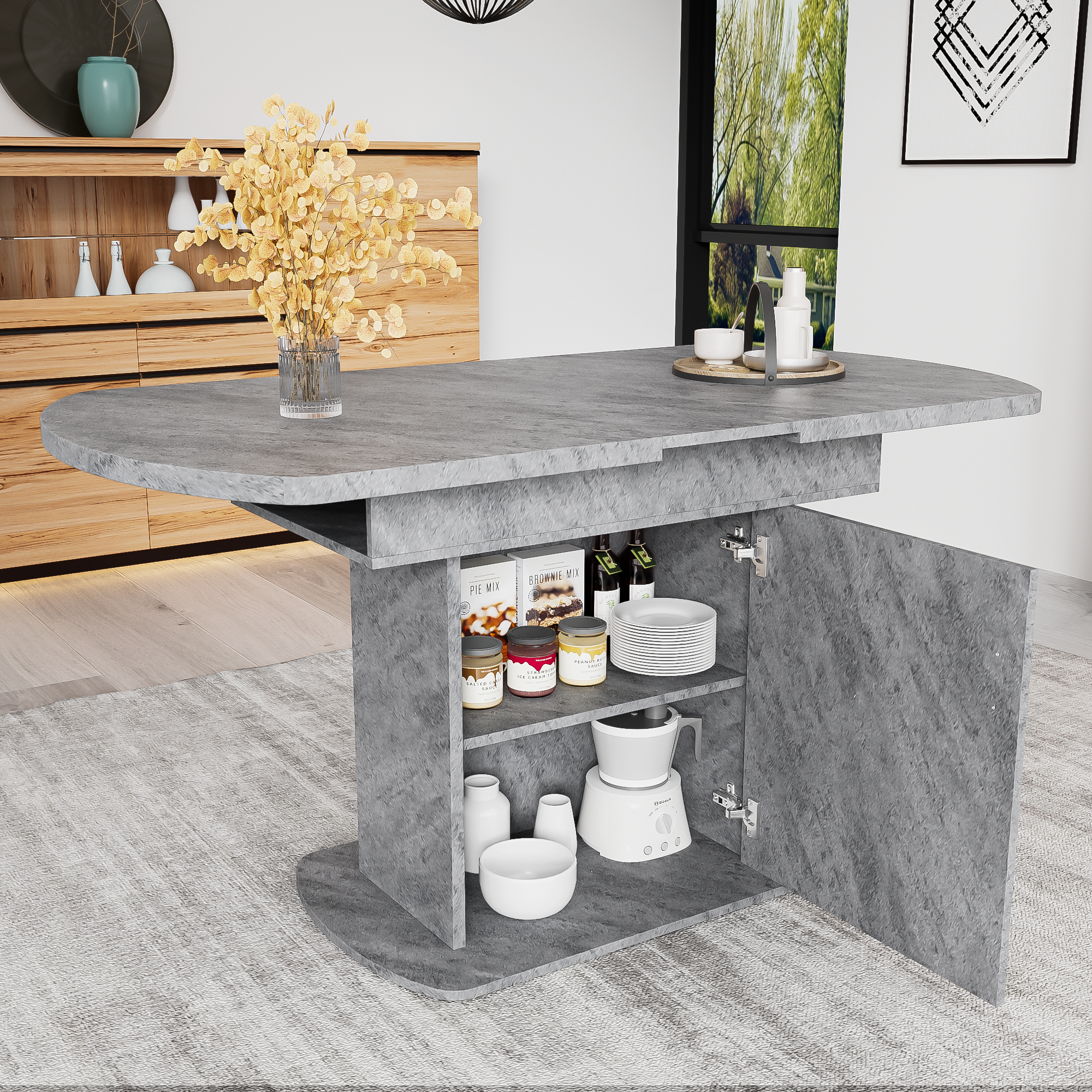 Extendable Oval Dining Table 110/130cm, Space-Saving, Storage Function, Cement Grey + Silver Handles