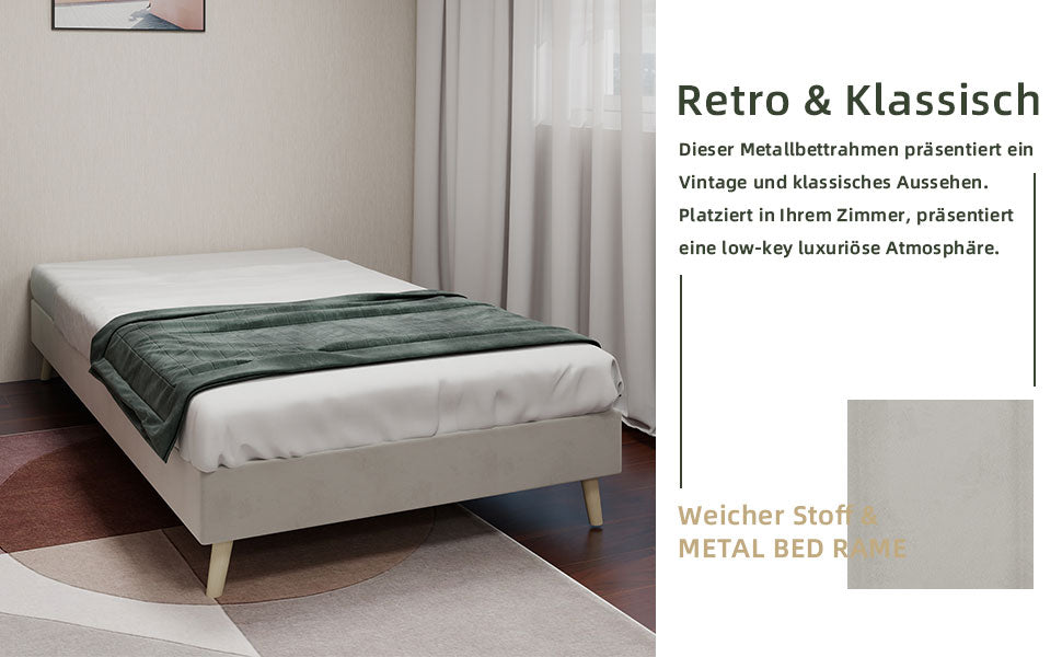 Modern Minimalist Bed Frame, 90x200 cm Low-Profile Base, Beige Dutch Velvet