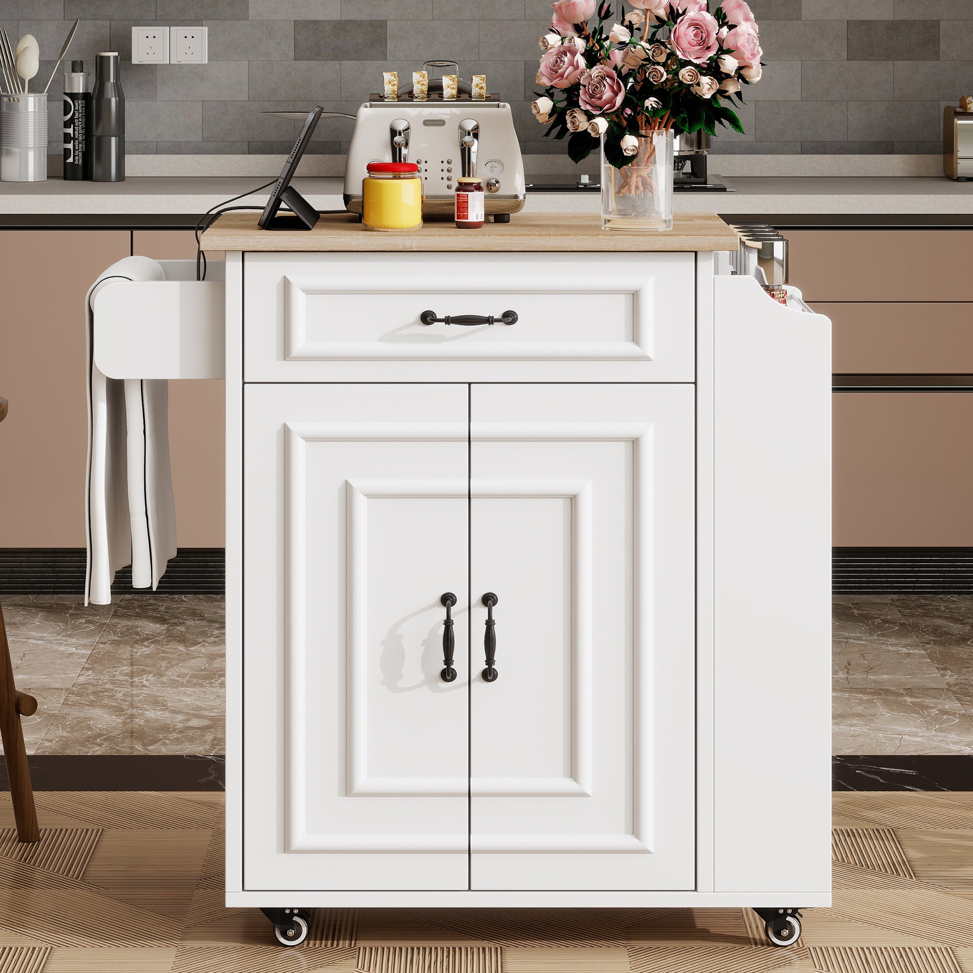 Kitchen Island Rolling Folding Worktop Storage Spice Rack