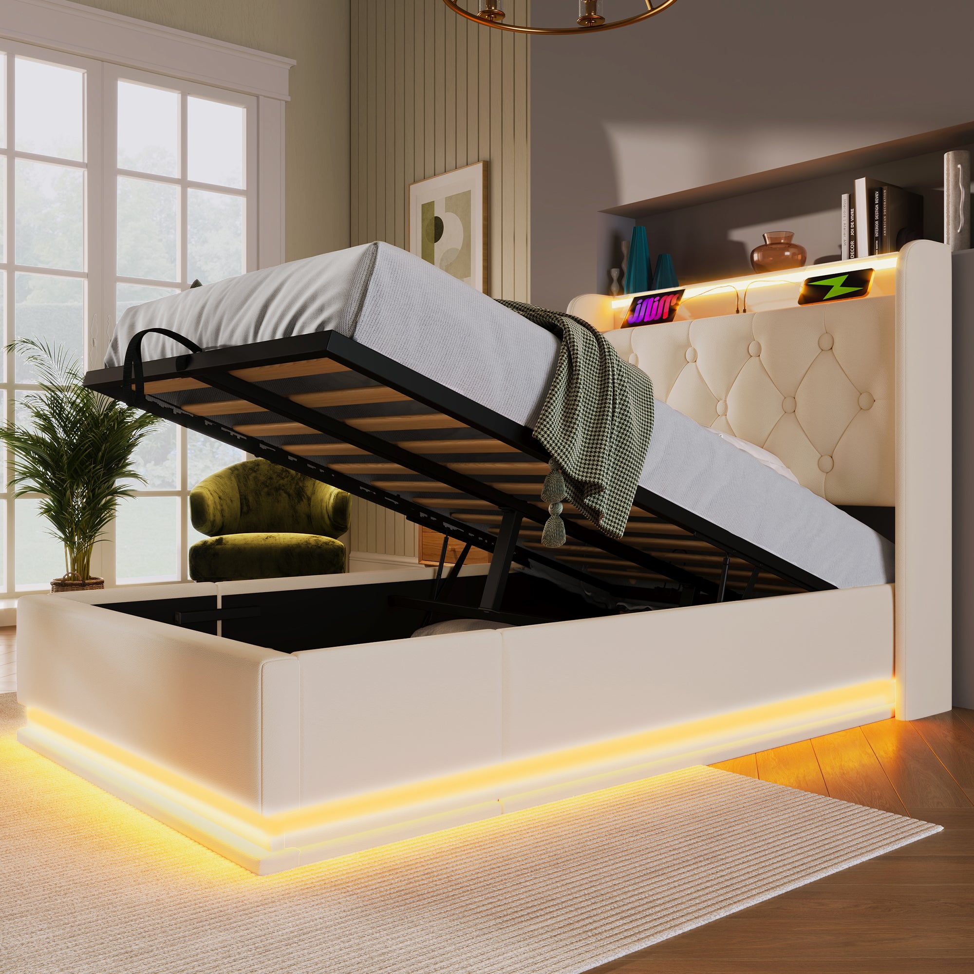Upholstered Single Bed, 360° LED Hydraulic Storage, USB Type-C, White PU Leather