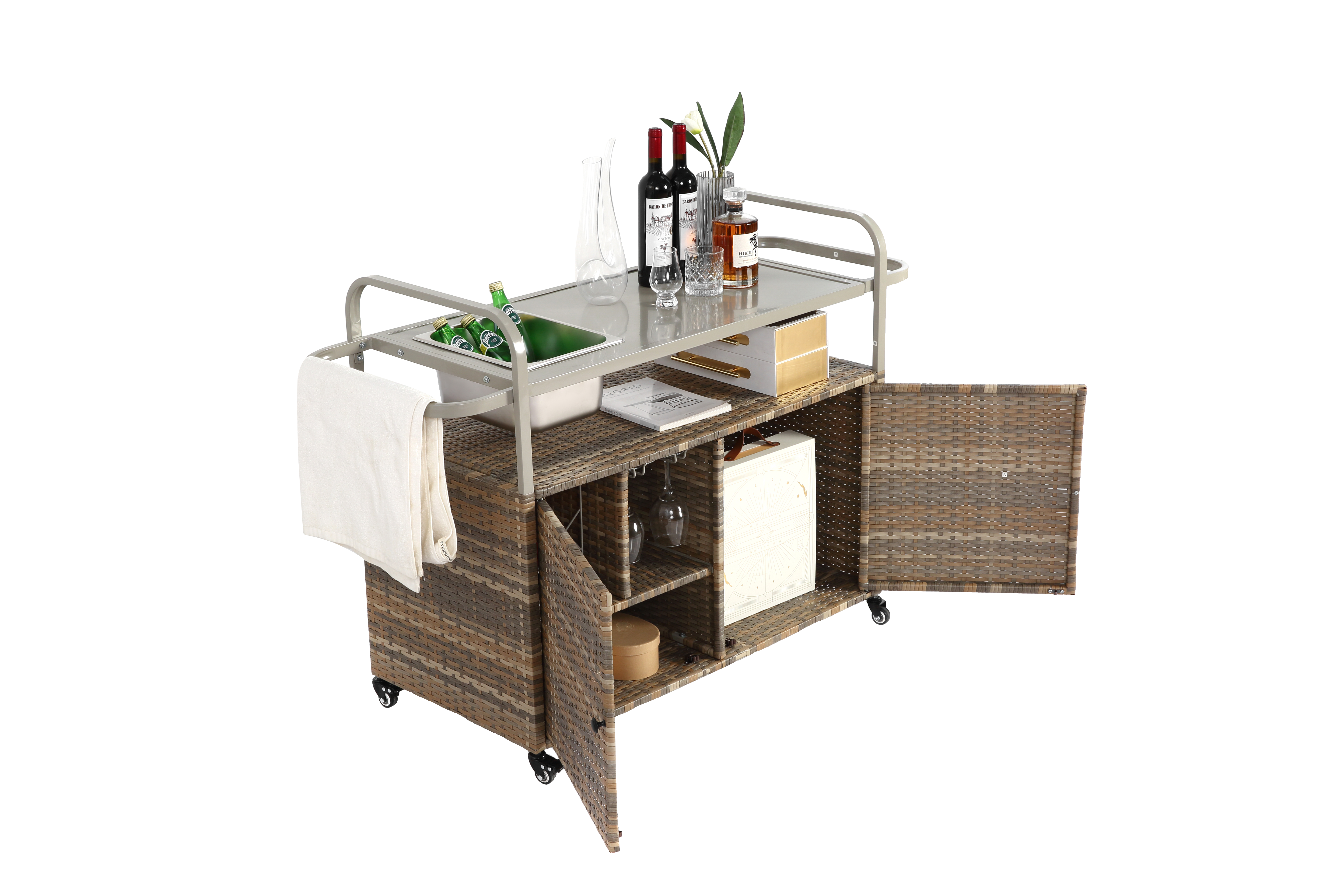 Outdoor Bar Table, Wicker Bar Cart with Cabinet, Steel Top, Ice Bucket, Lockable Wheels, Beige