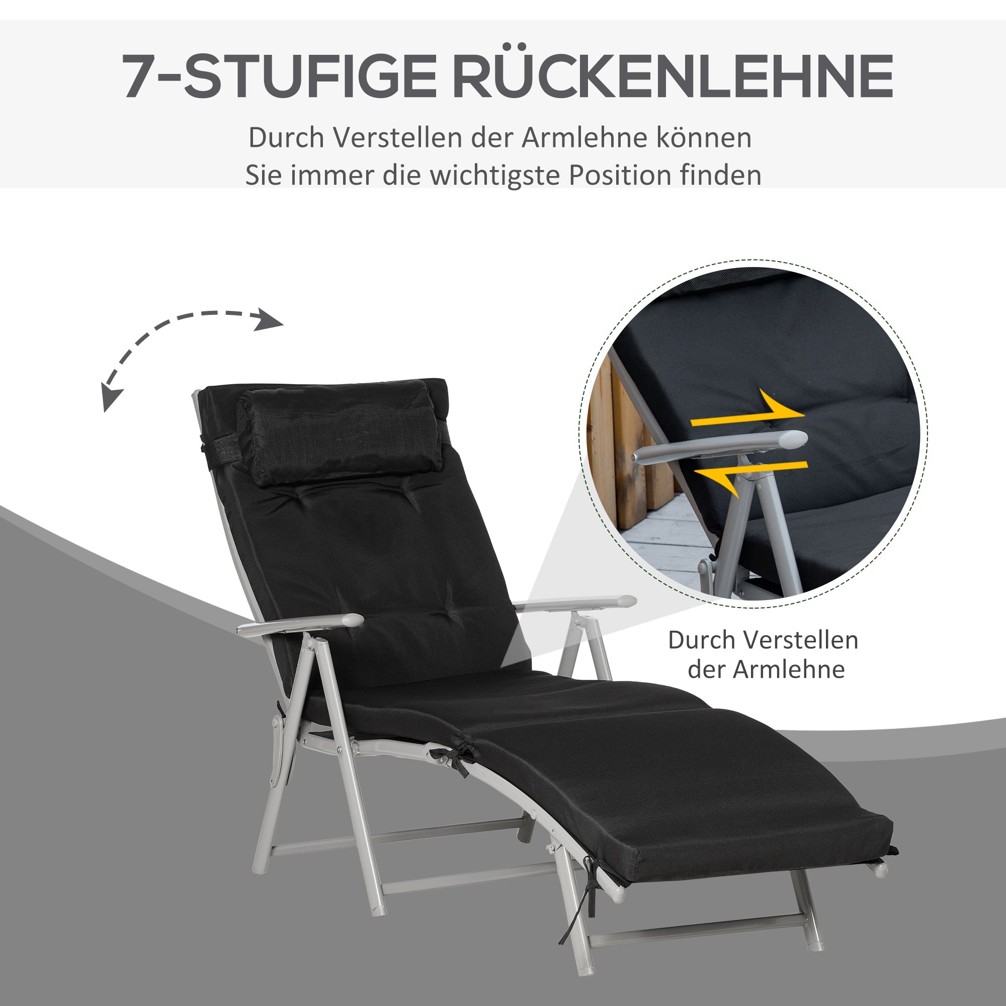 Foldable Beach Lounger, 7 Adjustable Positions Weather-Resistant Cushion, Black Texteline/Metal