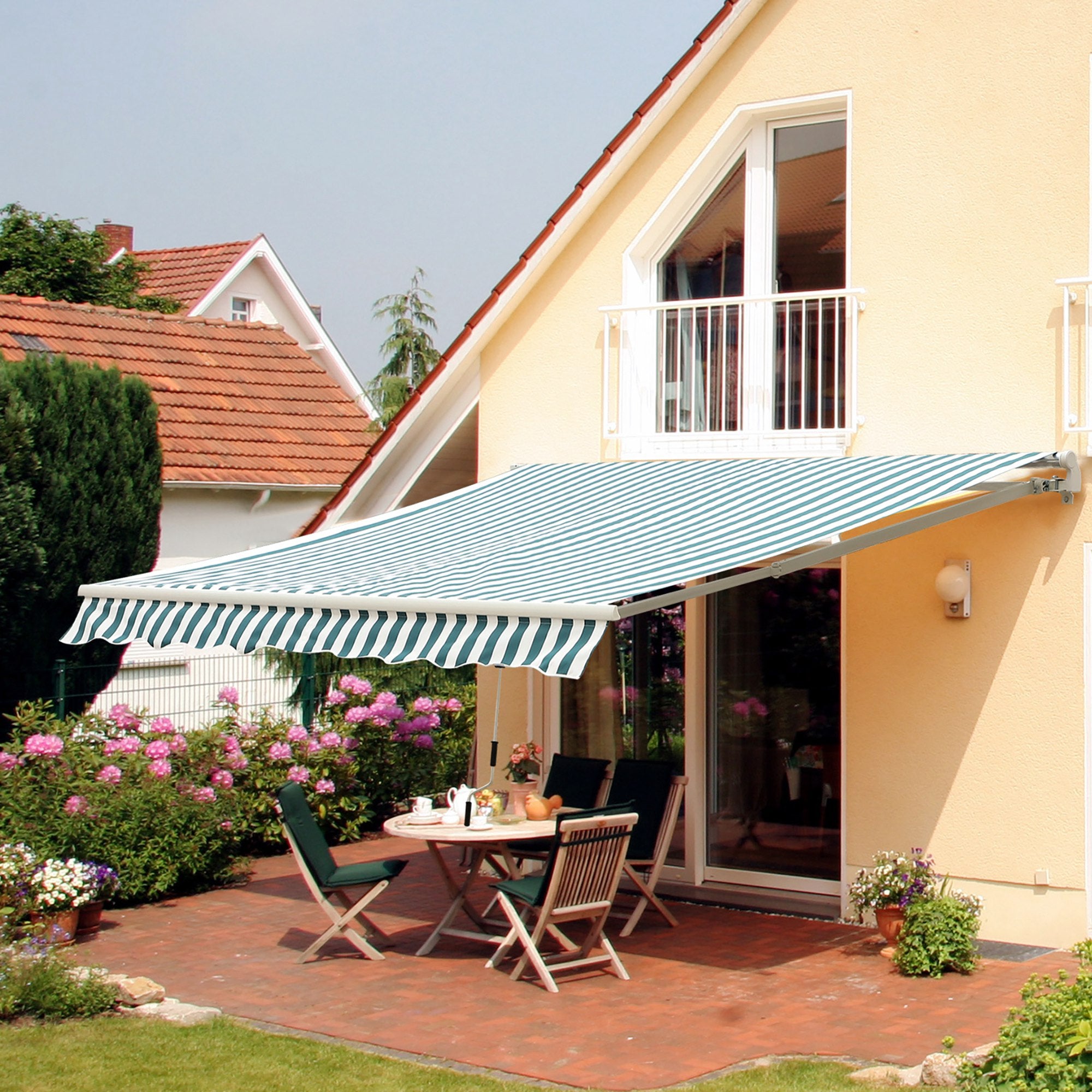 Manual Retractable Awning, 4m x 3m, Green/White Stripes