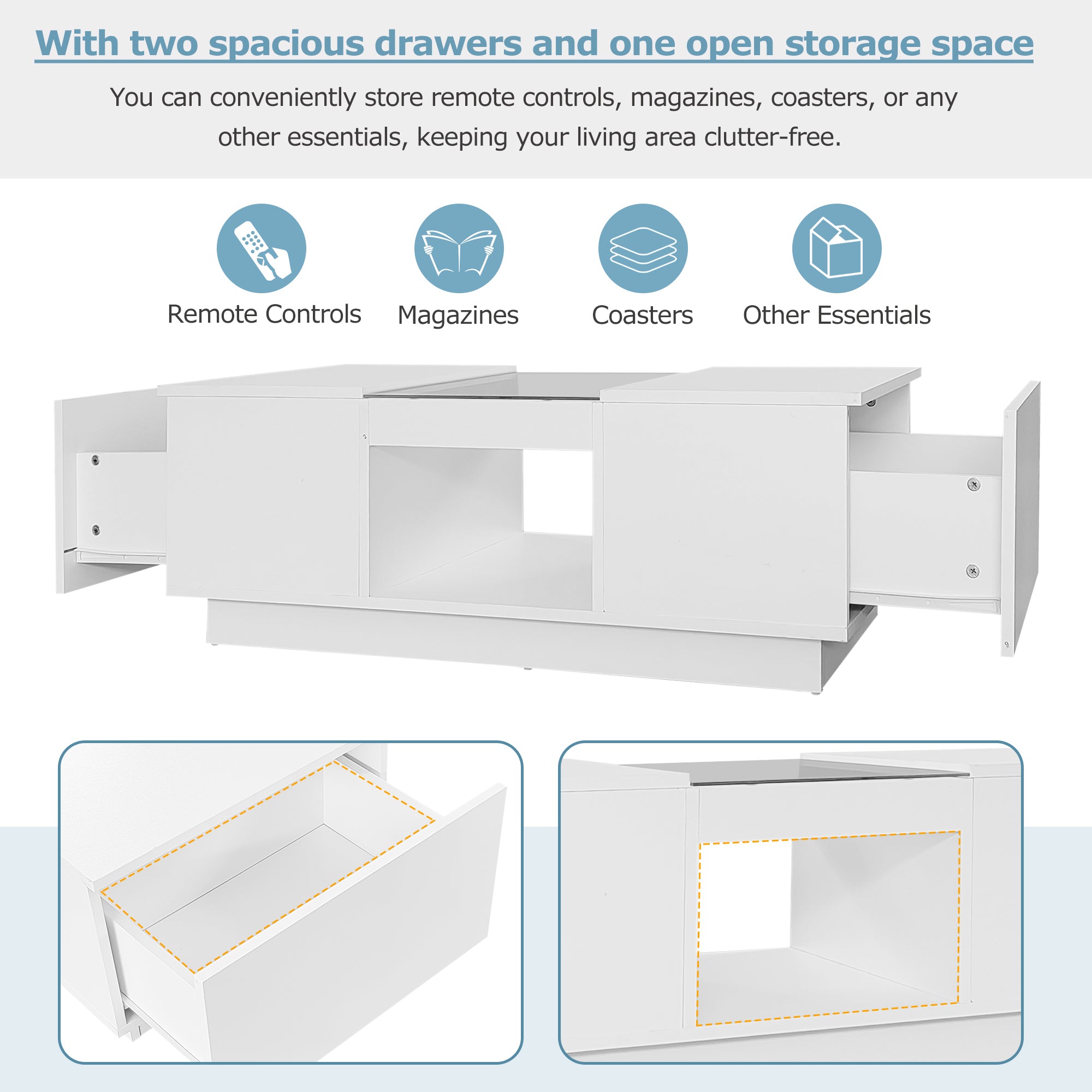 White Coffee Table with Glass Panel, LED Lighting, 2 Drawers, and 1 Open Compartment