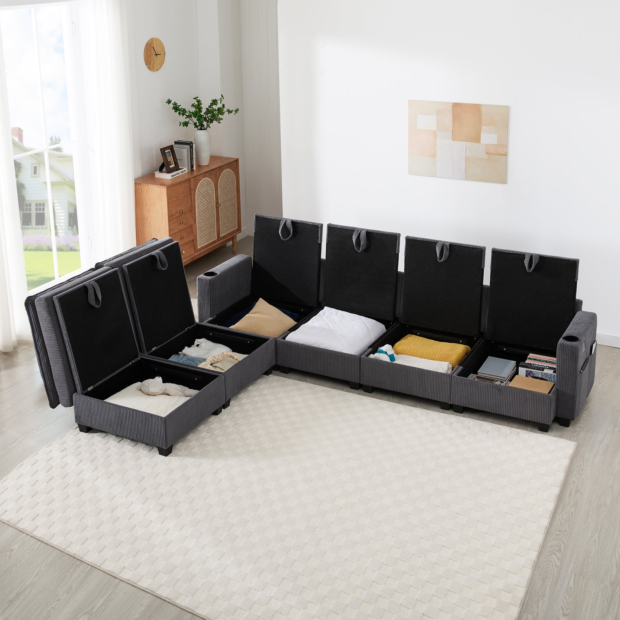 Modern L-shaped Sofa Modular Storage USB Footstool Gray Corduroy