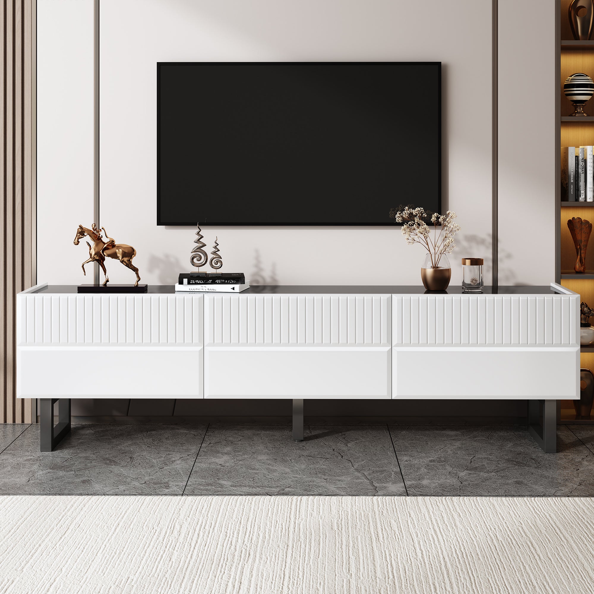 TV Stand with Three Drawers, Low TV Unit, Black and White Design