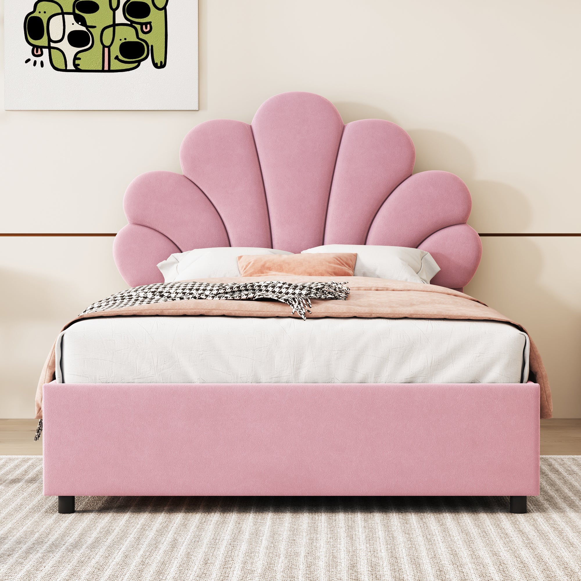 Upholstered Children's Bed 90 x 200 cm, Floral Headboard, Hydraulic Storage, Pink Velvet