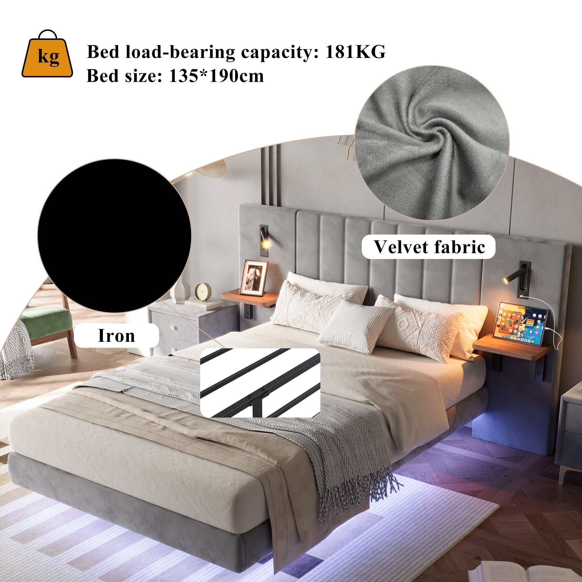 Upholstered Bed with Lamps, Charging Socket, Storage, and Light Strip, Velvet+Iron Grey
