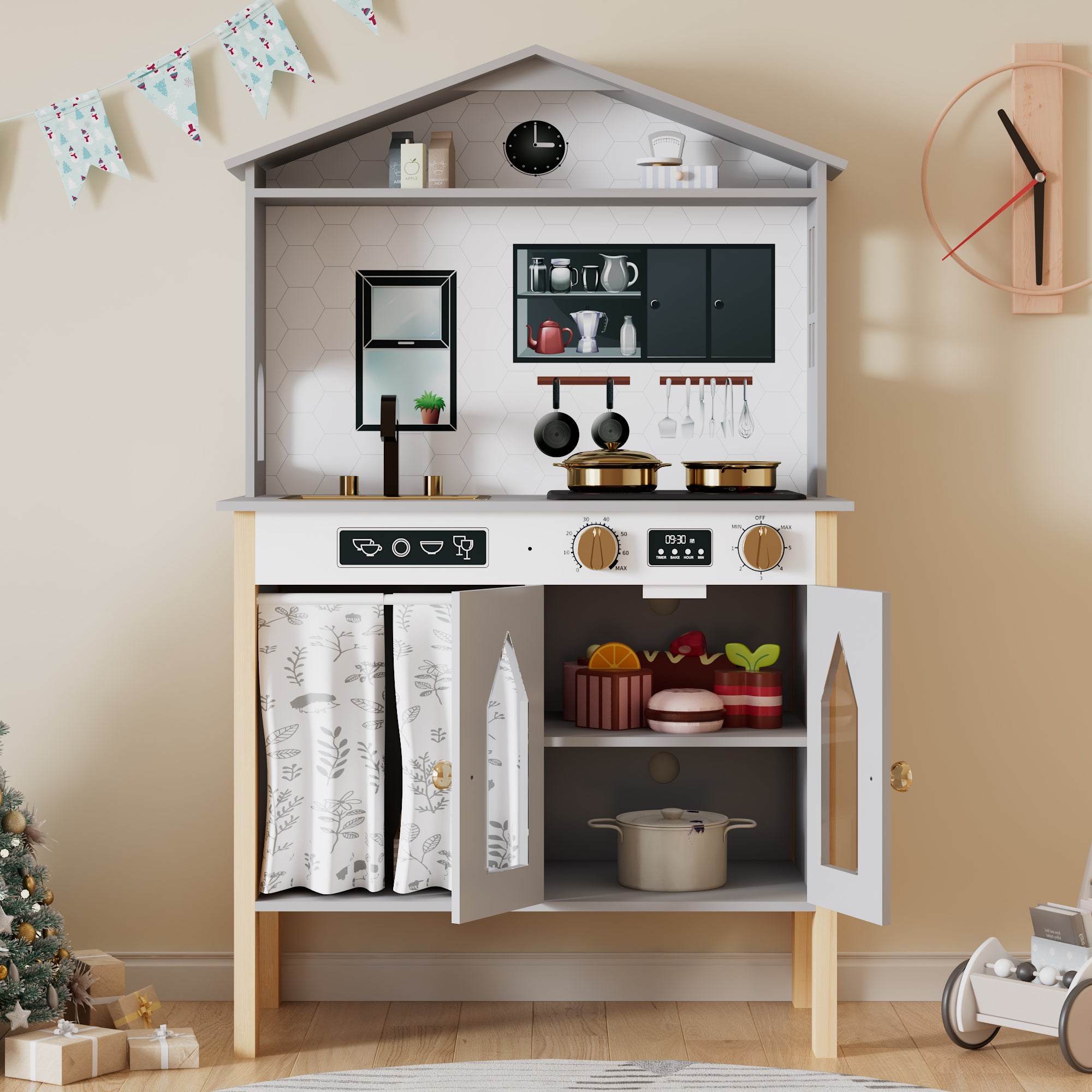 Children's Play Kitchen with Creative House Design and Accessories, Wood and Plastic, Grey