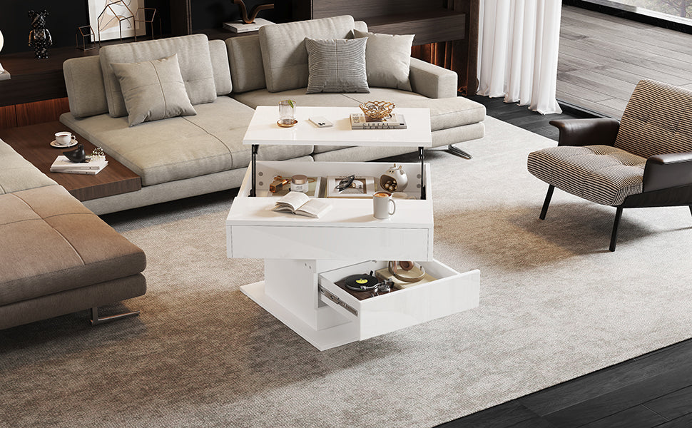 Coffee Table Geometric Lift-Up 360° Swivel Top 1 Drawer Hidden Storage - High-Gloss White