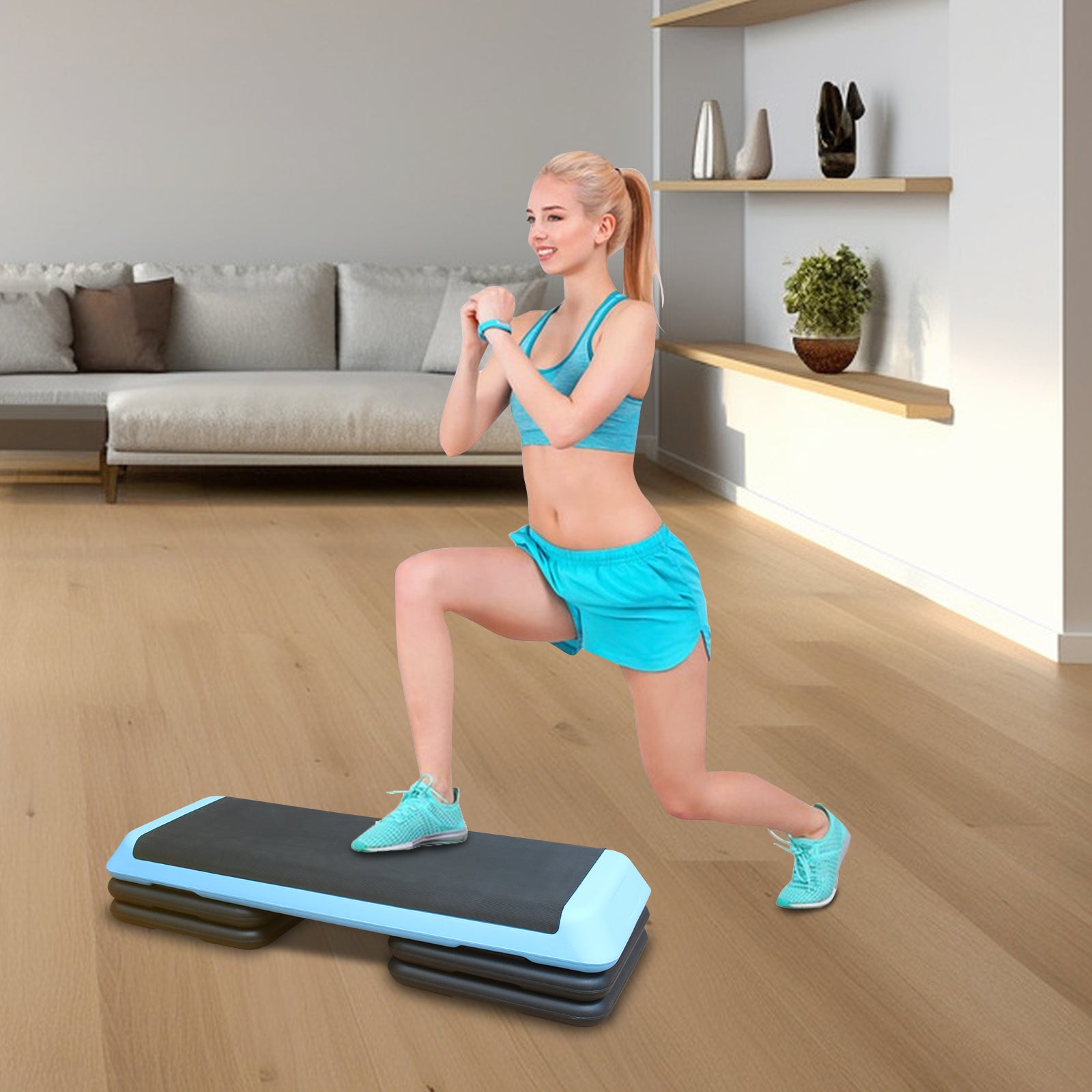 Aerobic Step Platform, 110cm Adjustable Height with 4 Risers for Home Gym, Blue