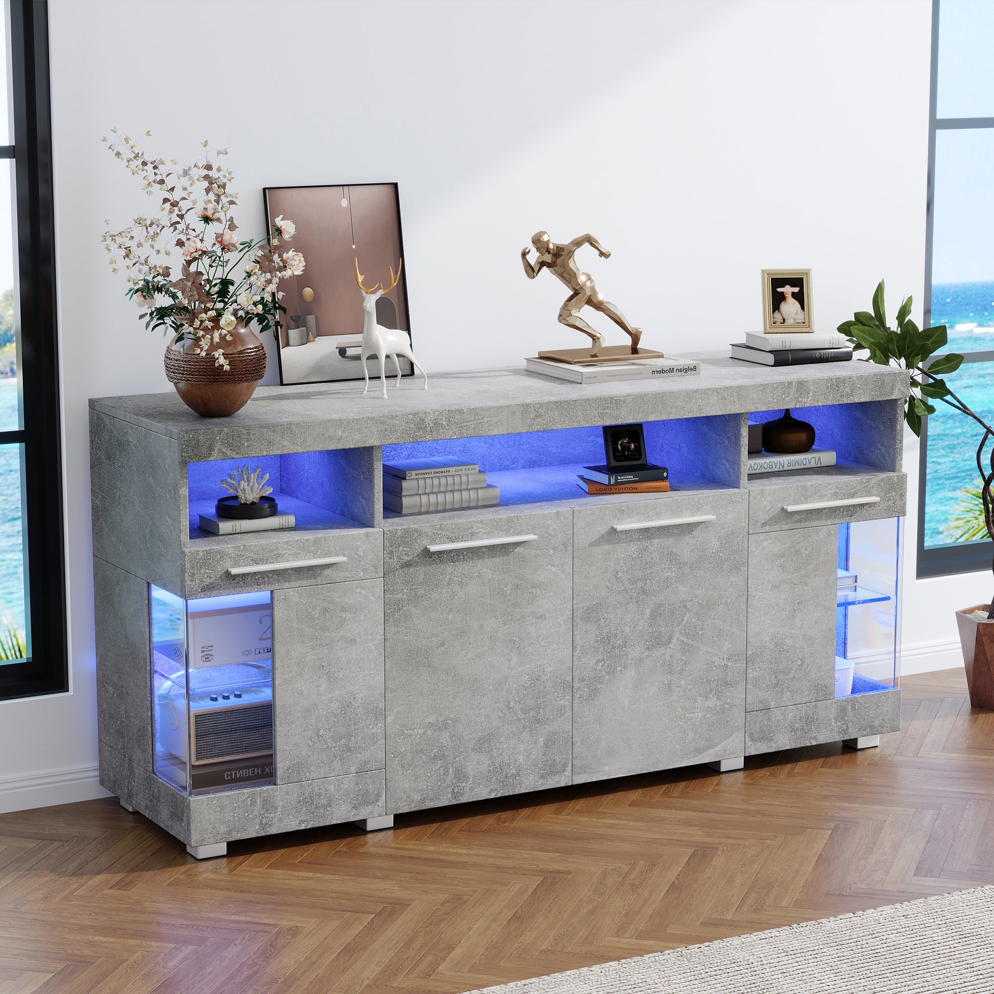 Sideboard Cabinet High-Gloss LED Light Tempered Glass 3 Compartments, Cement-colored
