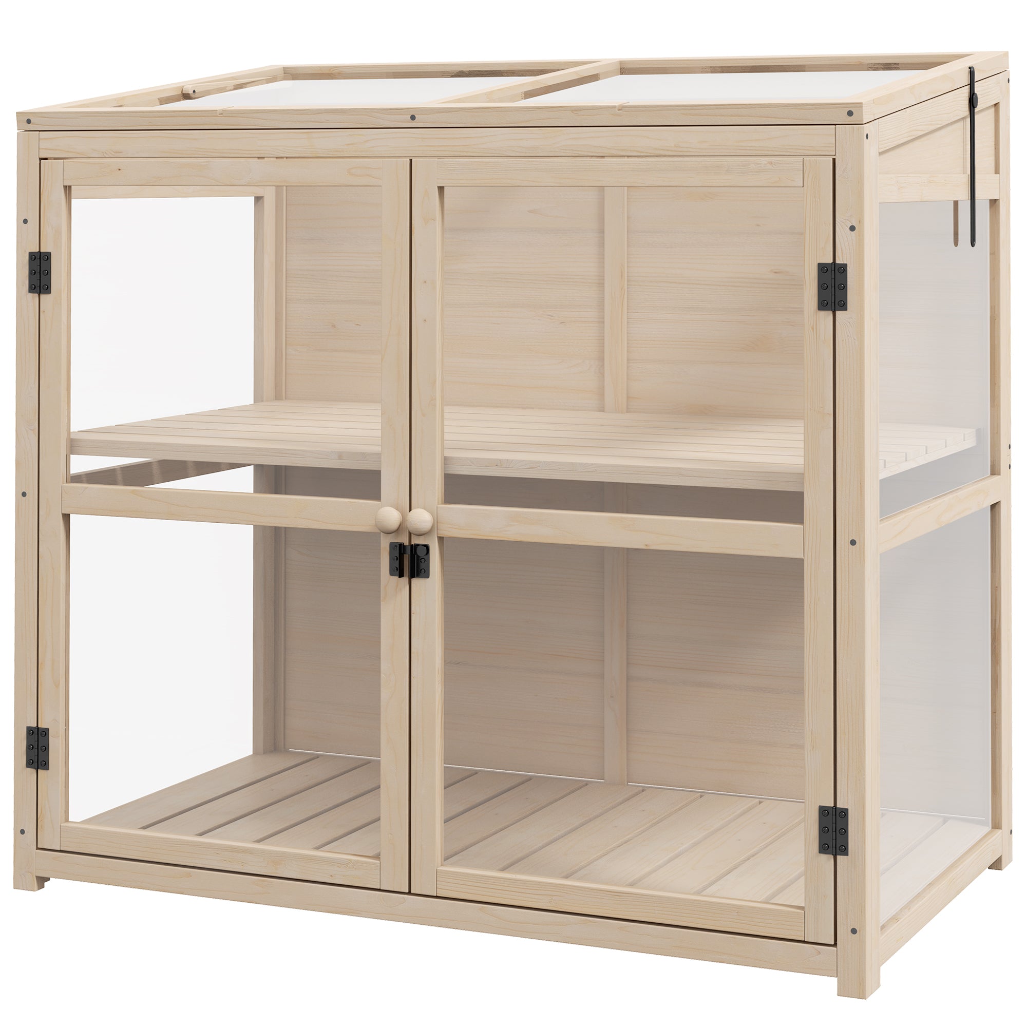 Wooden Cold Frame Greenhouse, 2-Tier Double Doors Roof Window Windproof 103x61x103cm, Natural Finish