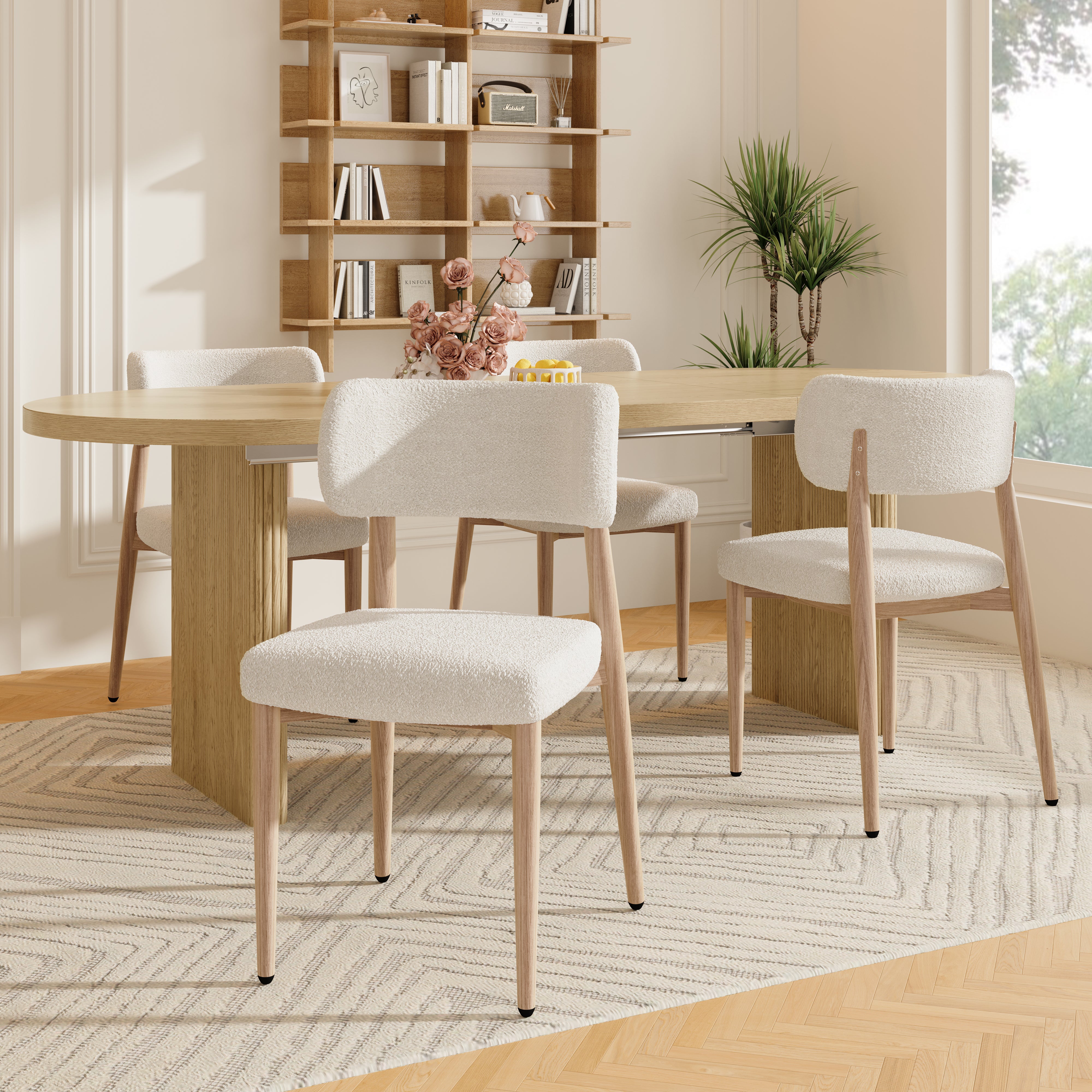 Dining Chairs Set of 4, Metal with Wood Look and Breathable Bouclé, Natural Color