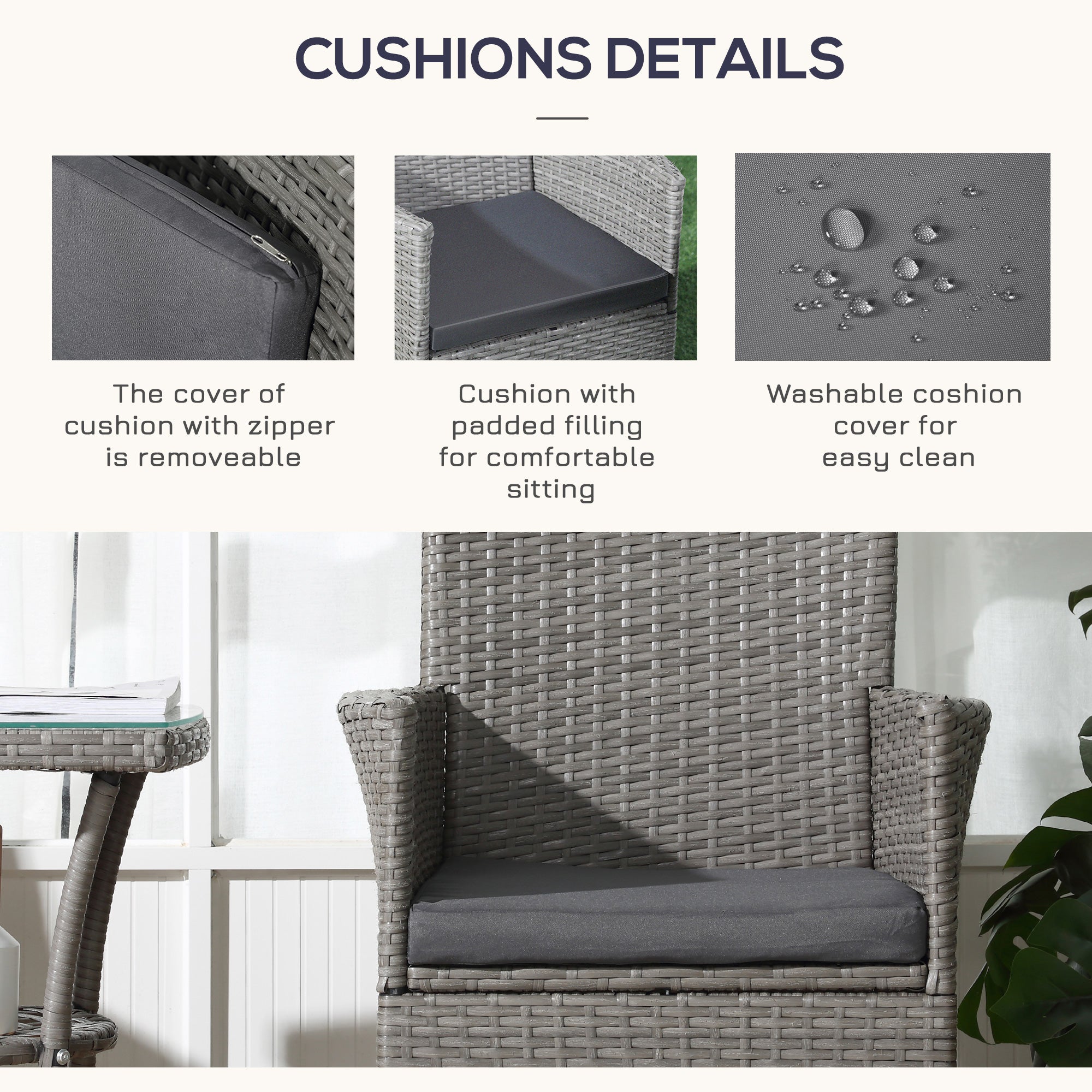 3 Pieces Rattan Bistro Set Wicker with 2-Tier Table and Washable Cushions Grey