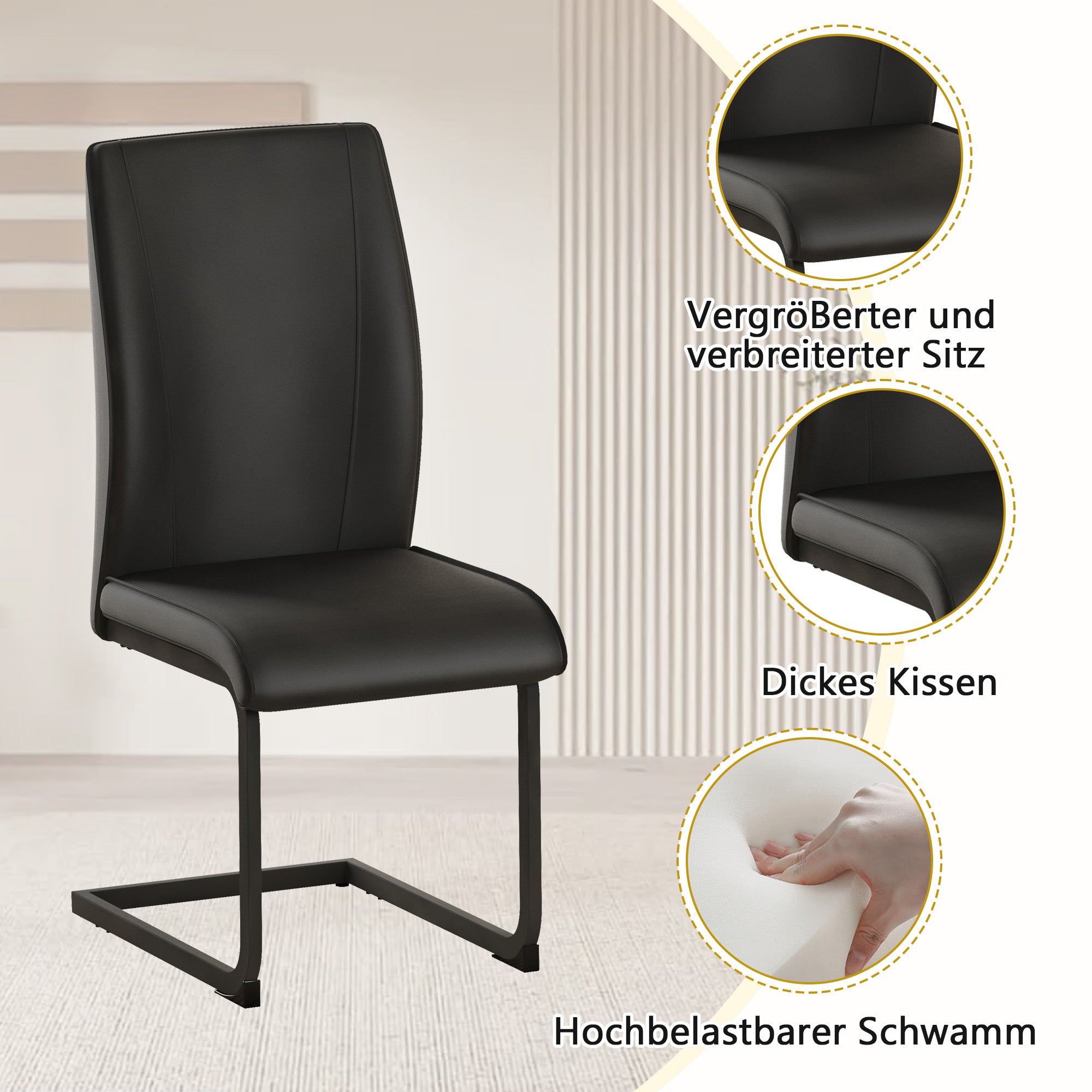 Table Set, Rectangular Dining Table, Multifunctional Shelf, 6 Armchairs, 160x90x76 cm, Black Faux Leather